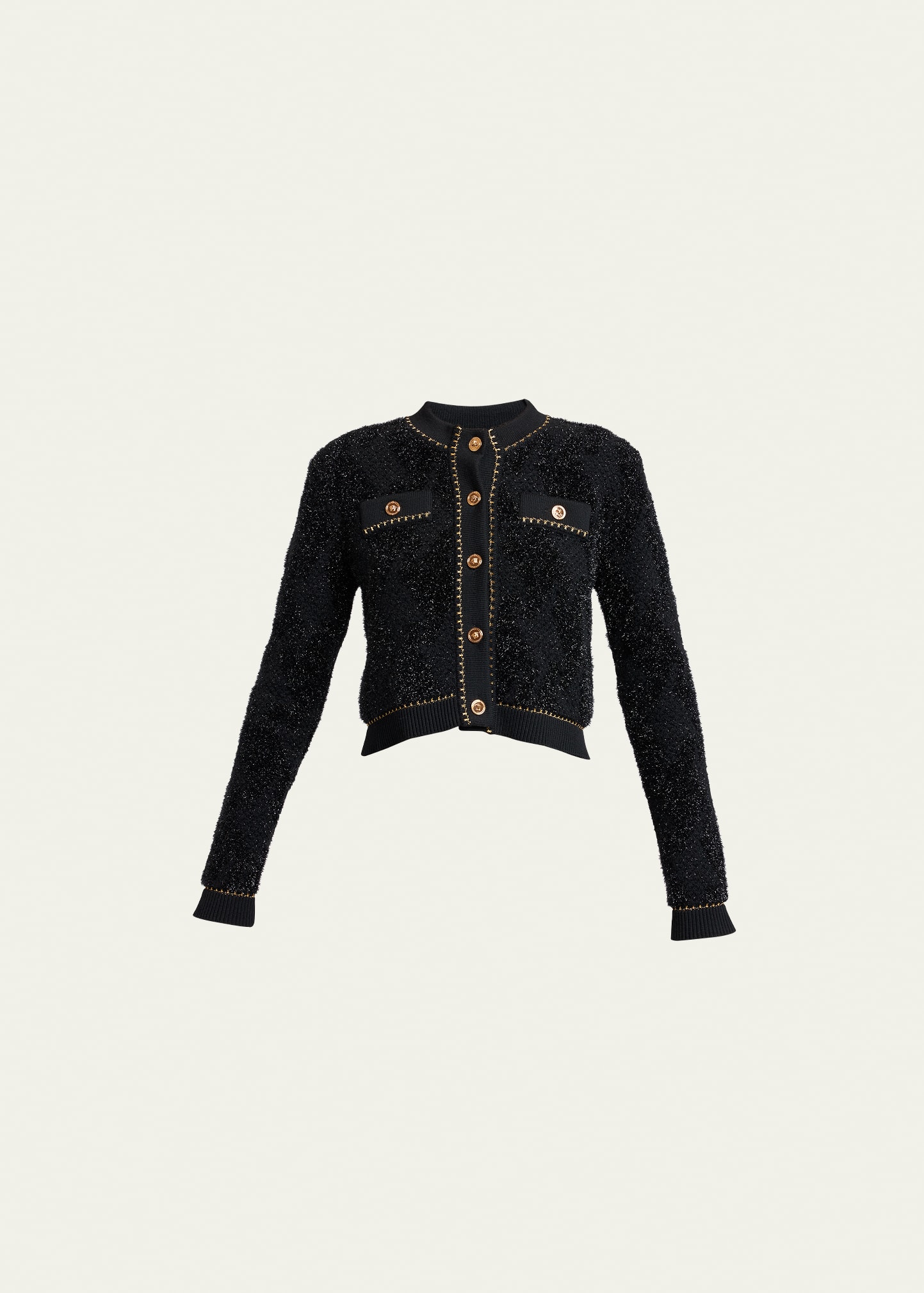 Versace Tweed Series Knit Button-front Sweater In Black