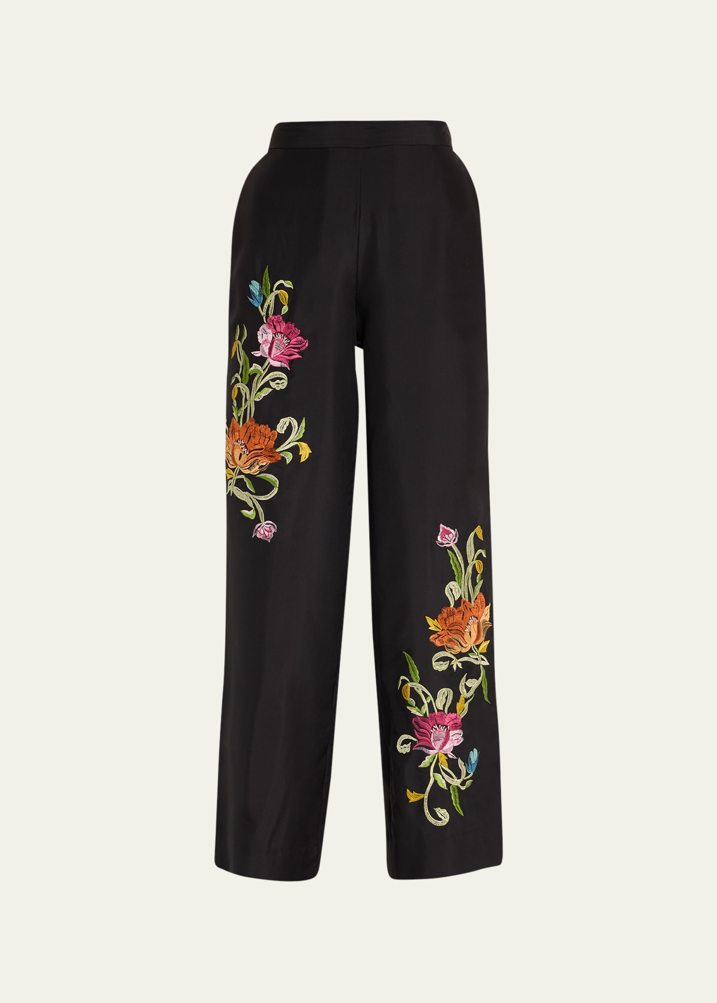 Josie Natori Shinjo Floral-Embroidered Wide-Leg Silk Pants