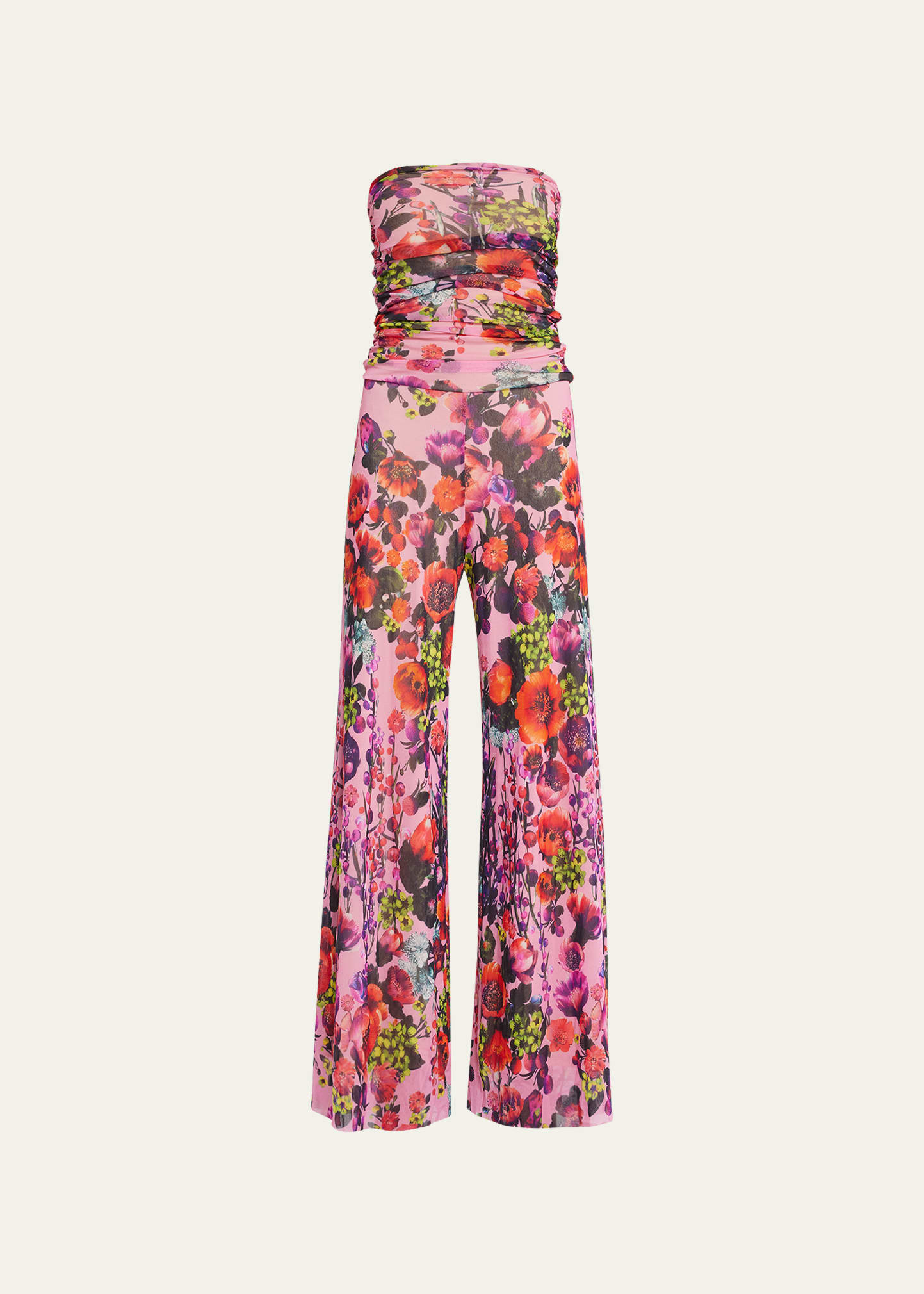 Fuzzi Strapless Floral-Print Tulle Jumpsuit
