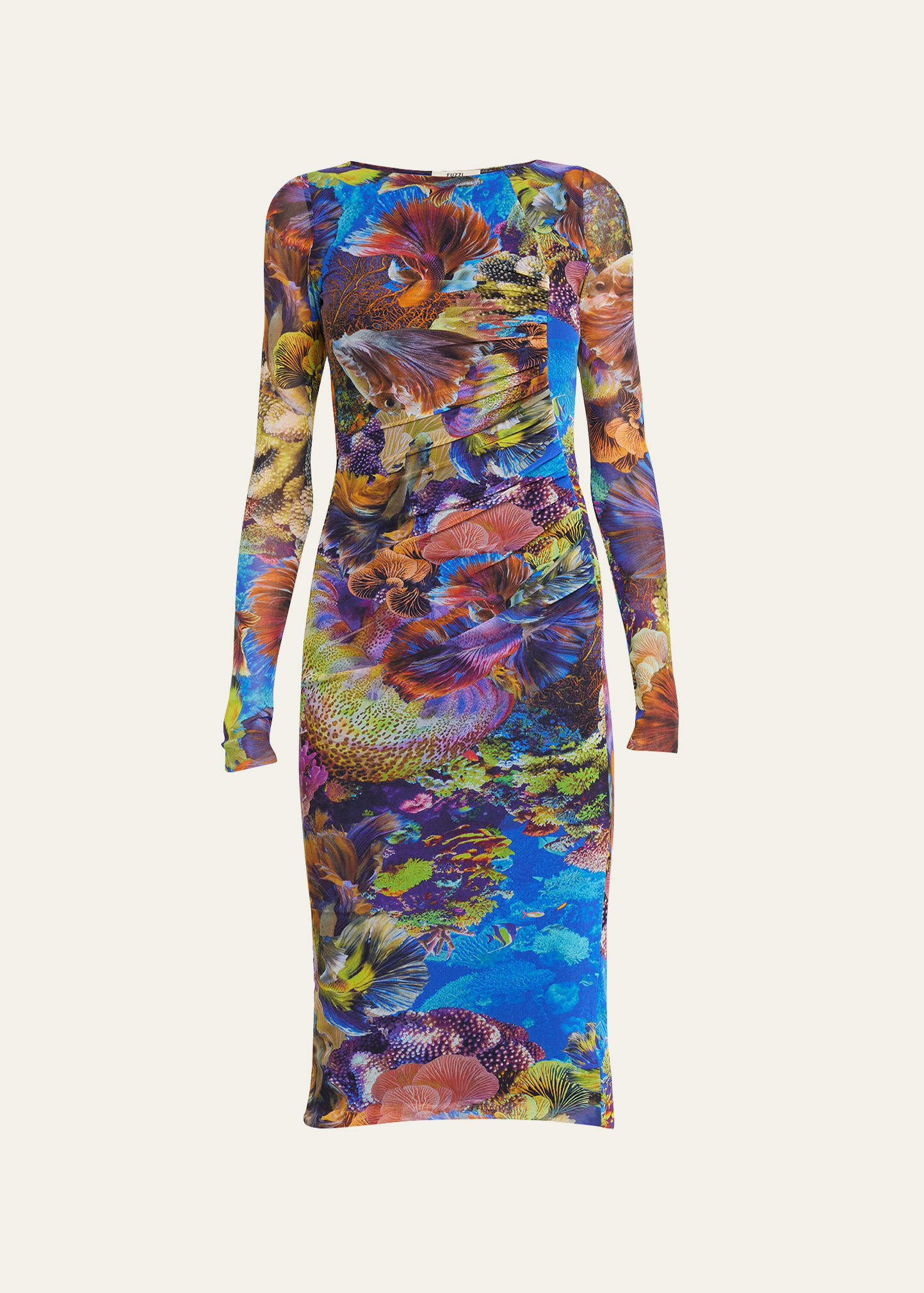 Fuzzi Coral Reef-Print Bodycon Tulle Midi Dress