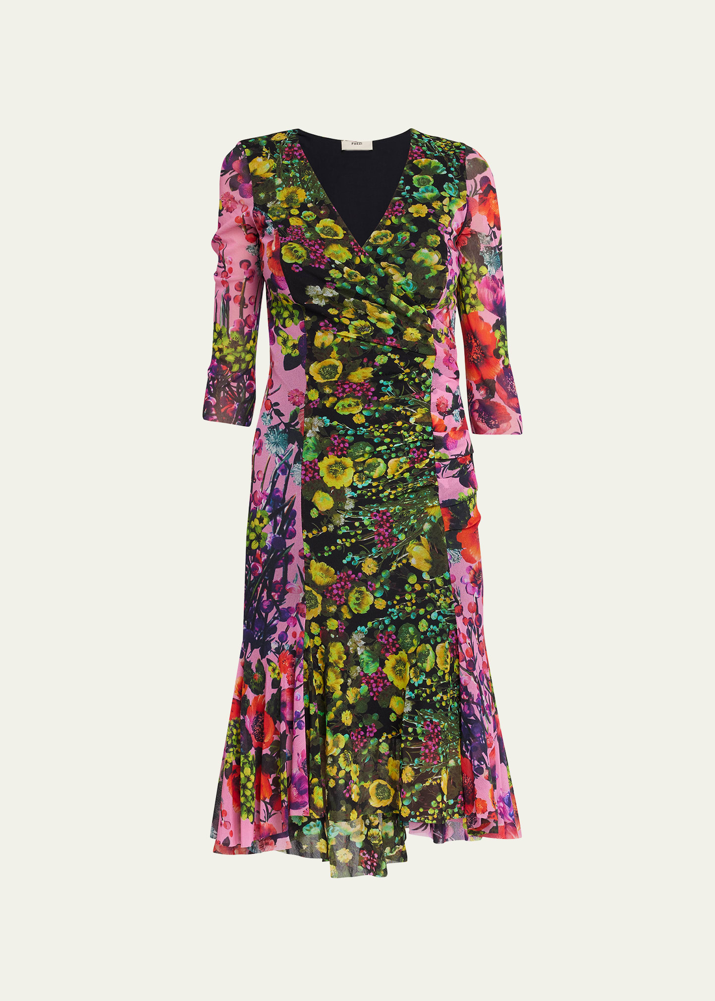 Fuzzi Floral-Print Faux-Wrap Tulle Midi Dress