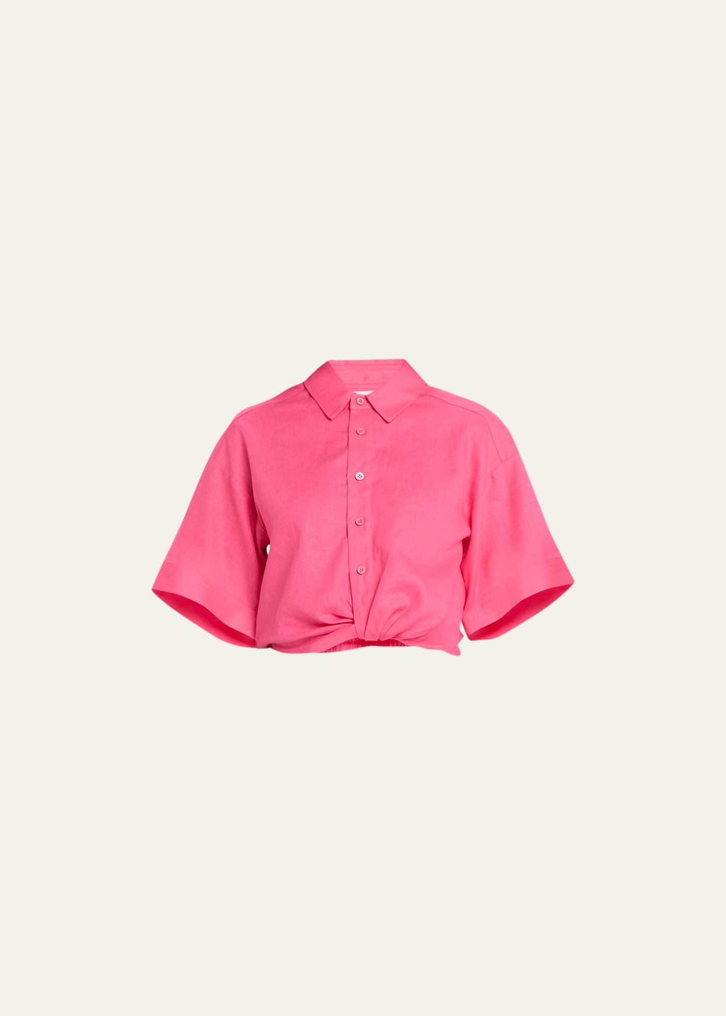 Frame Twist-front Linen-blend Cropped Shirt In Flamingo
