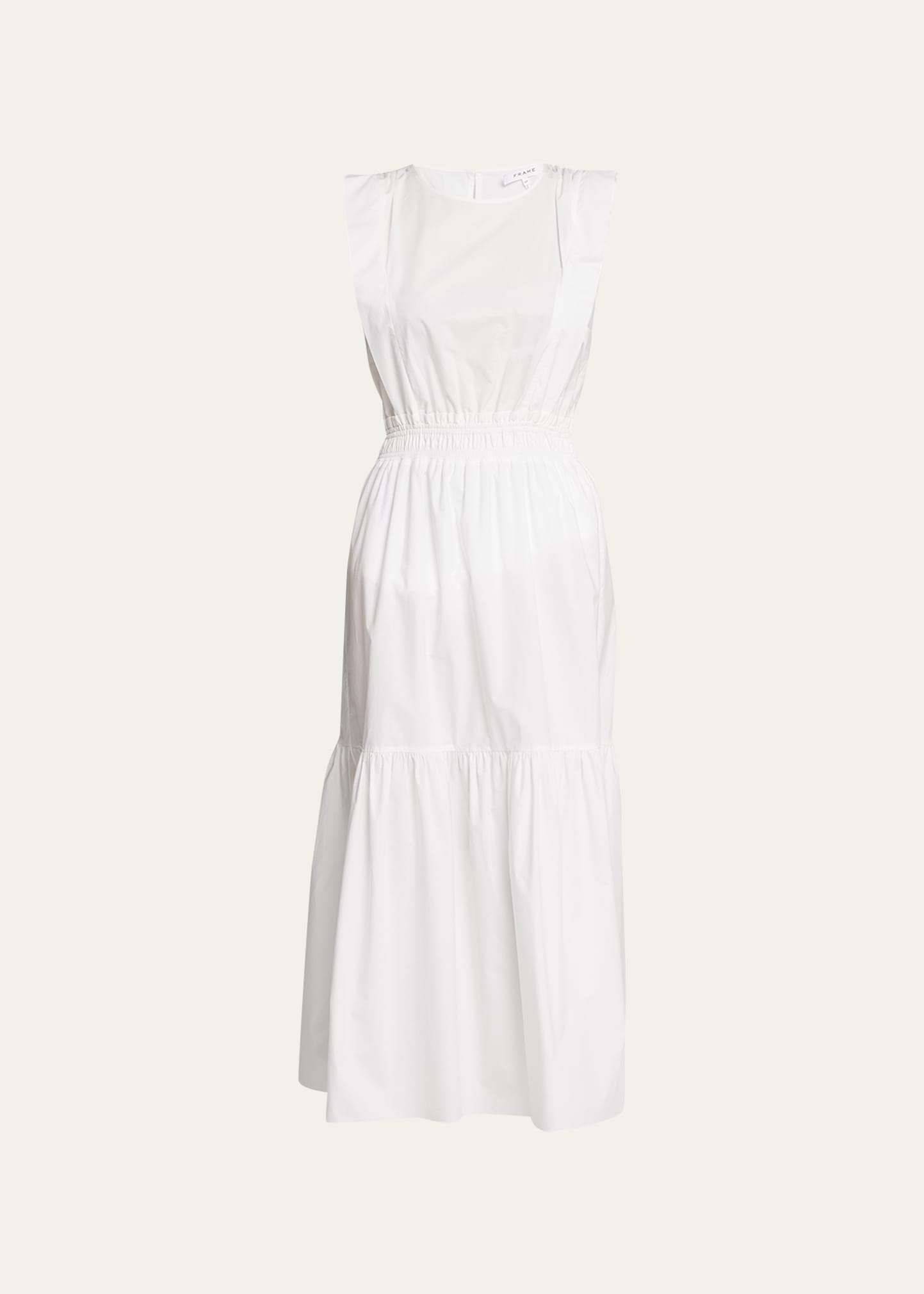Frame Cotton Cinch-shoulder Midi Dress In Blanc