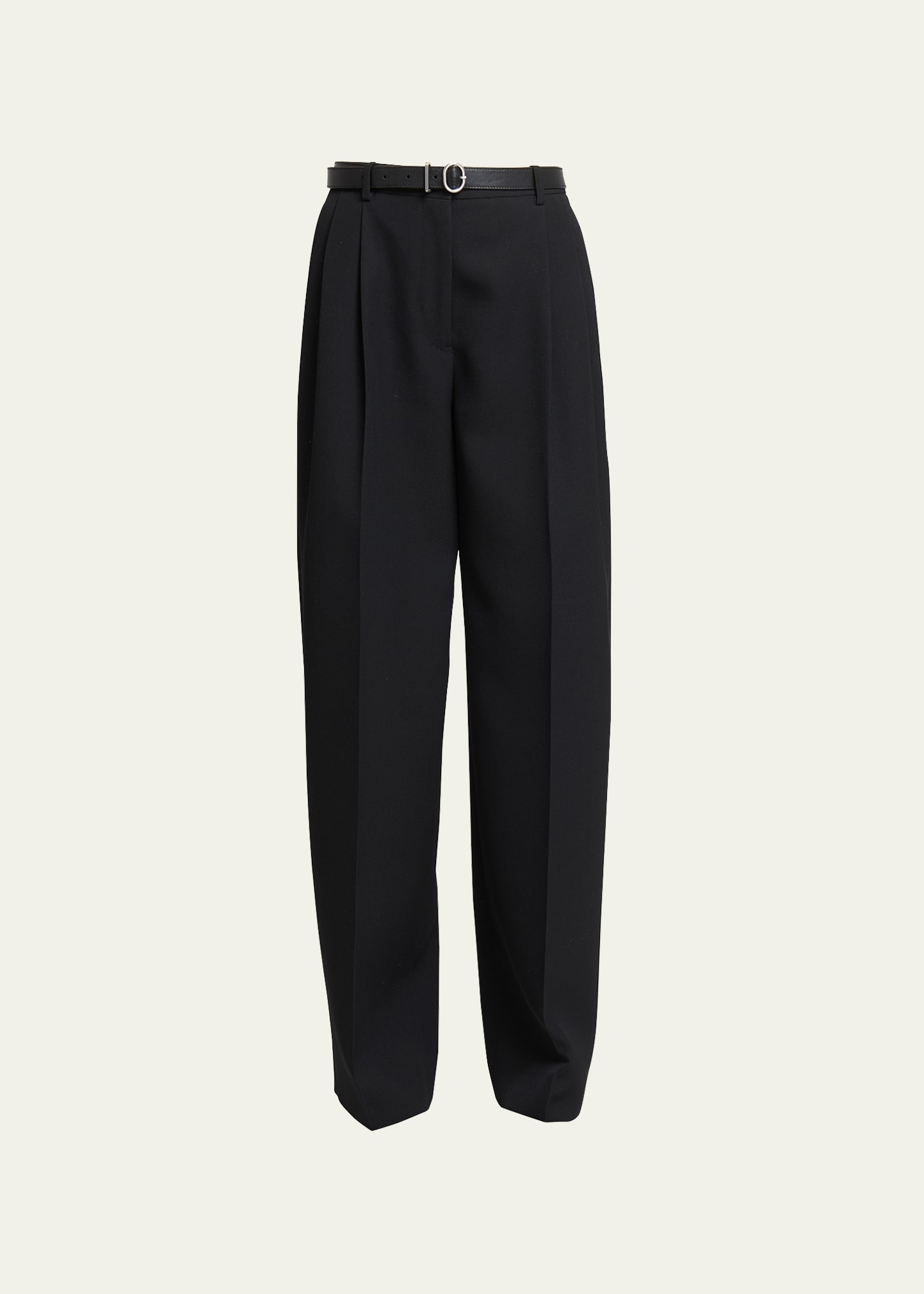 Long Relaxed Straight-Leg Pleated Wool Pants