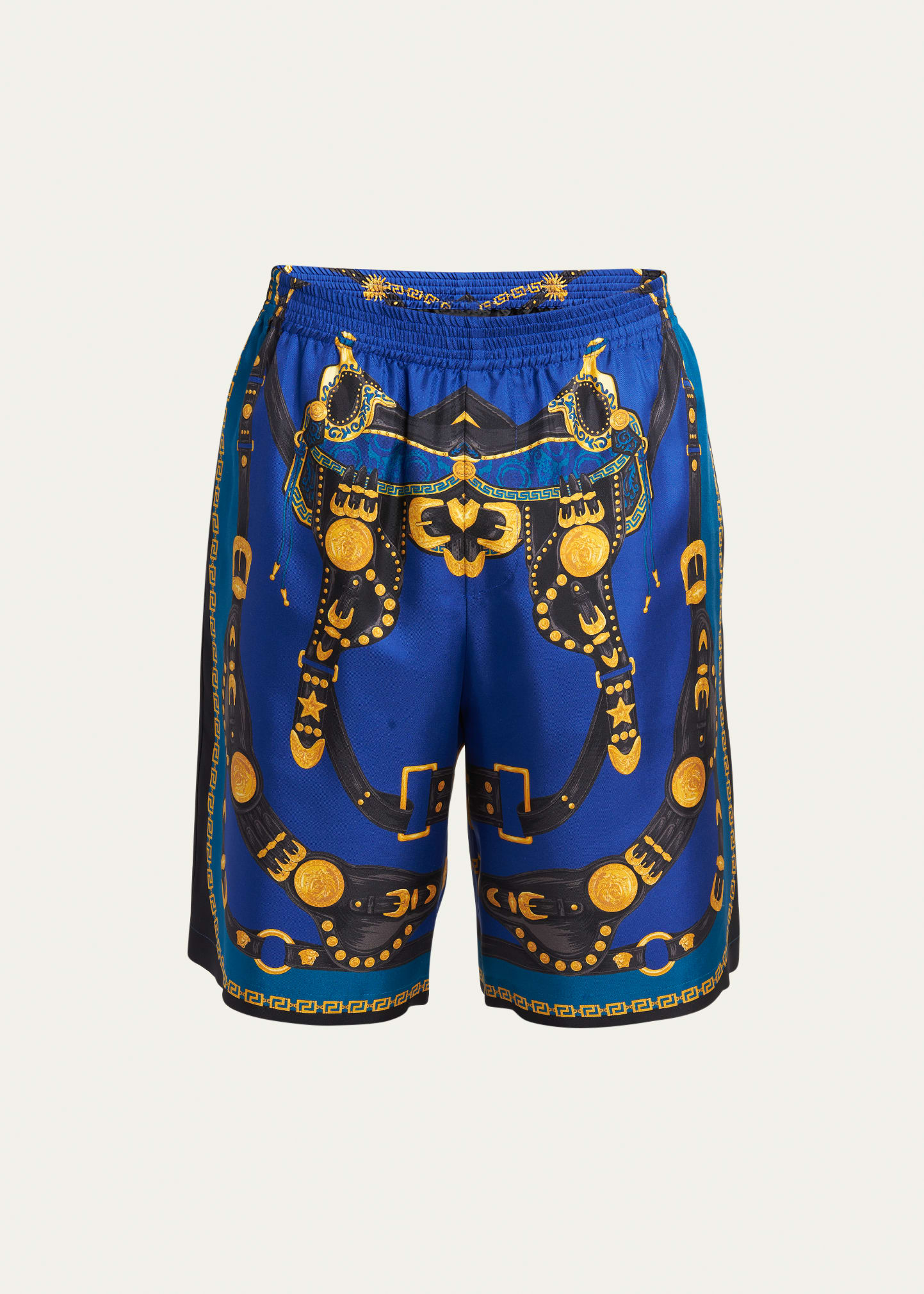 Versace Medusa Harness-print Silk Twill Shorts In Blue Navyblack