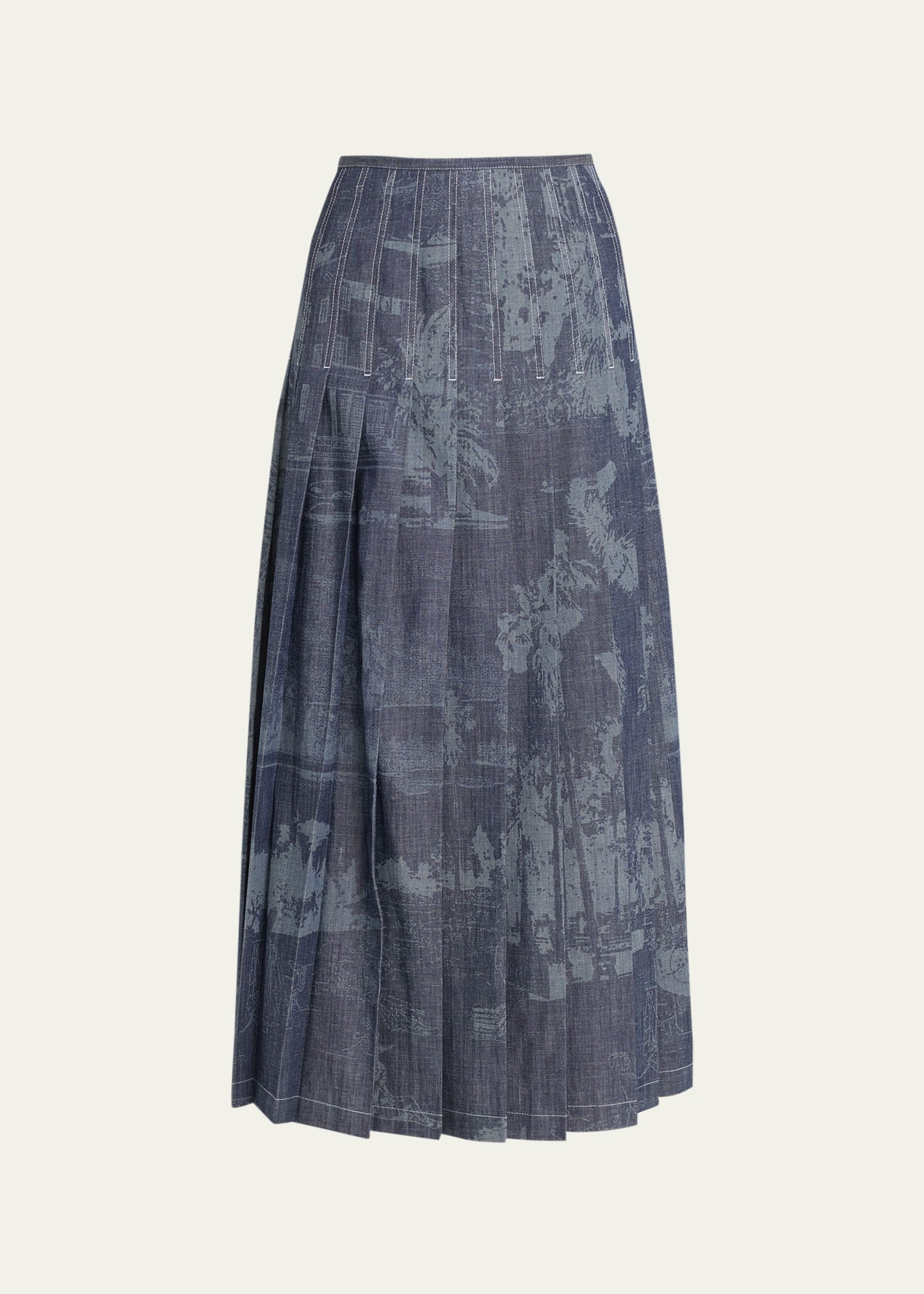 Pleated Topstitch Cotton Midi Skirt