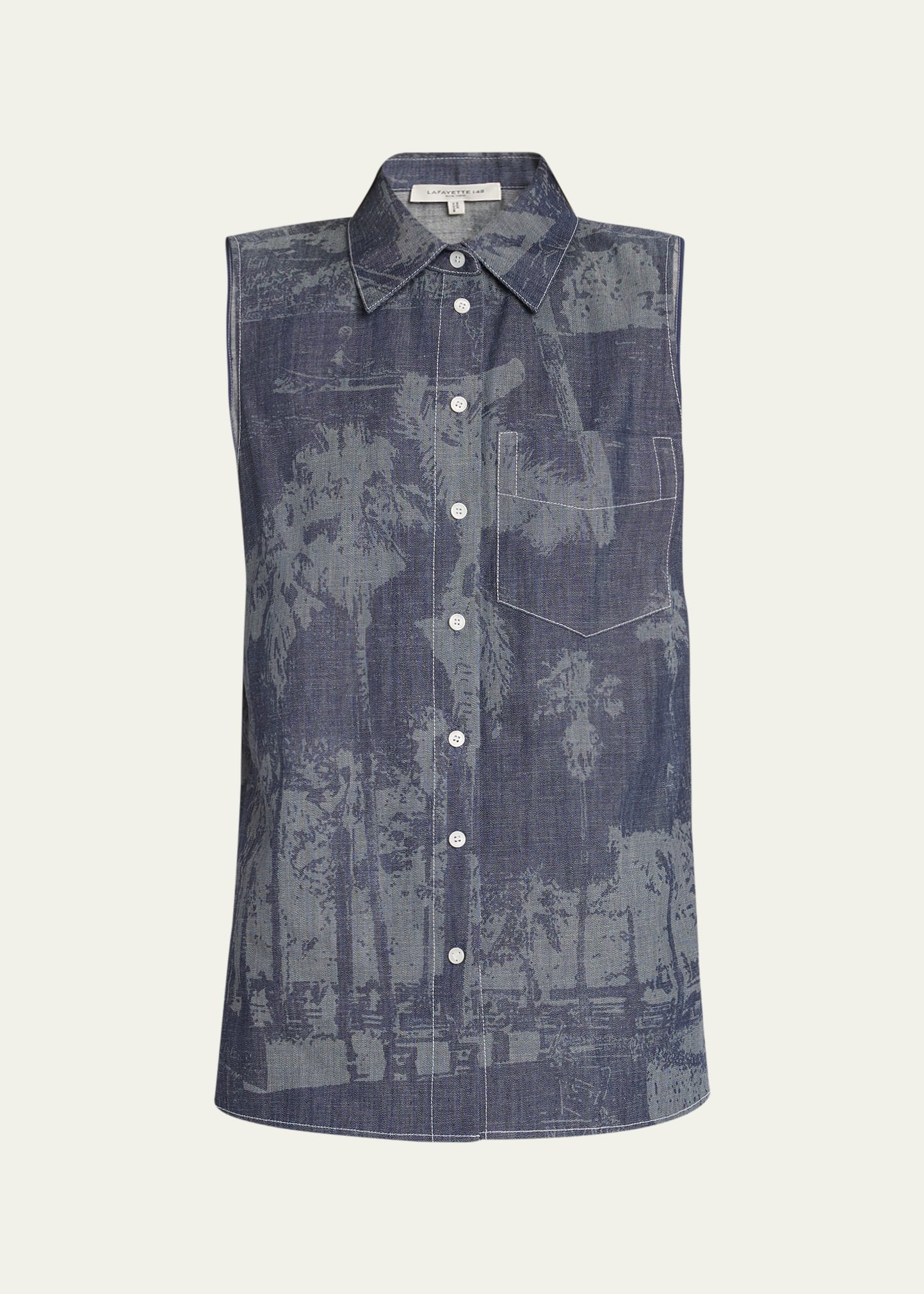 Sleeveless Button-Down Topstitch Shirt