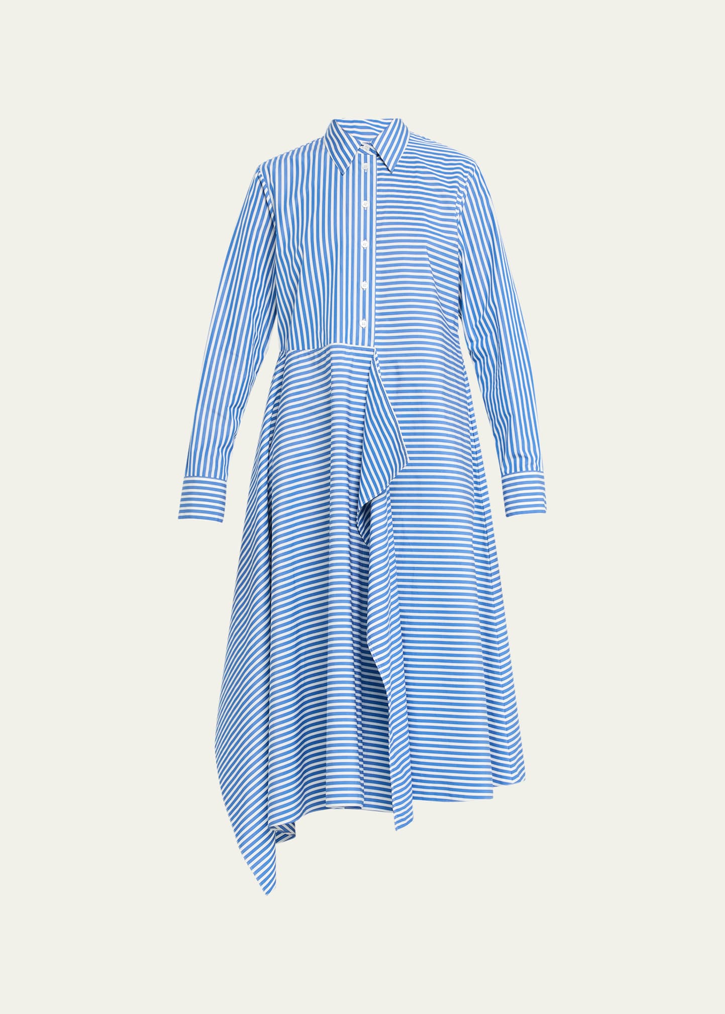 Striped Draped Long-Sleeve Midi Shirtdress