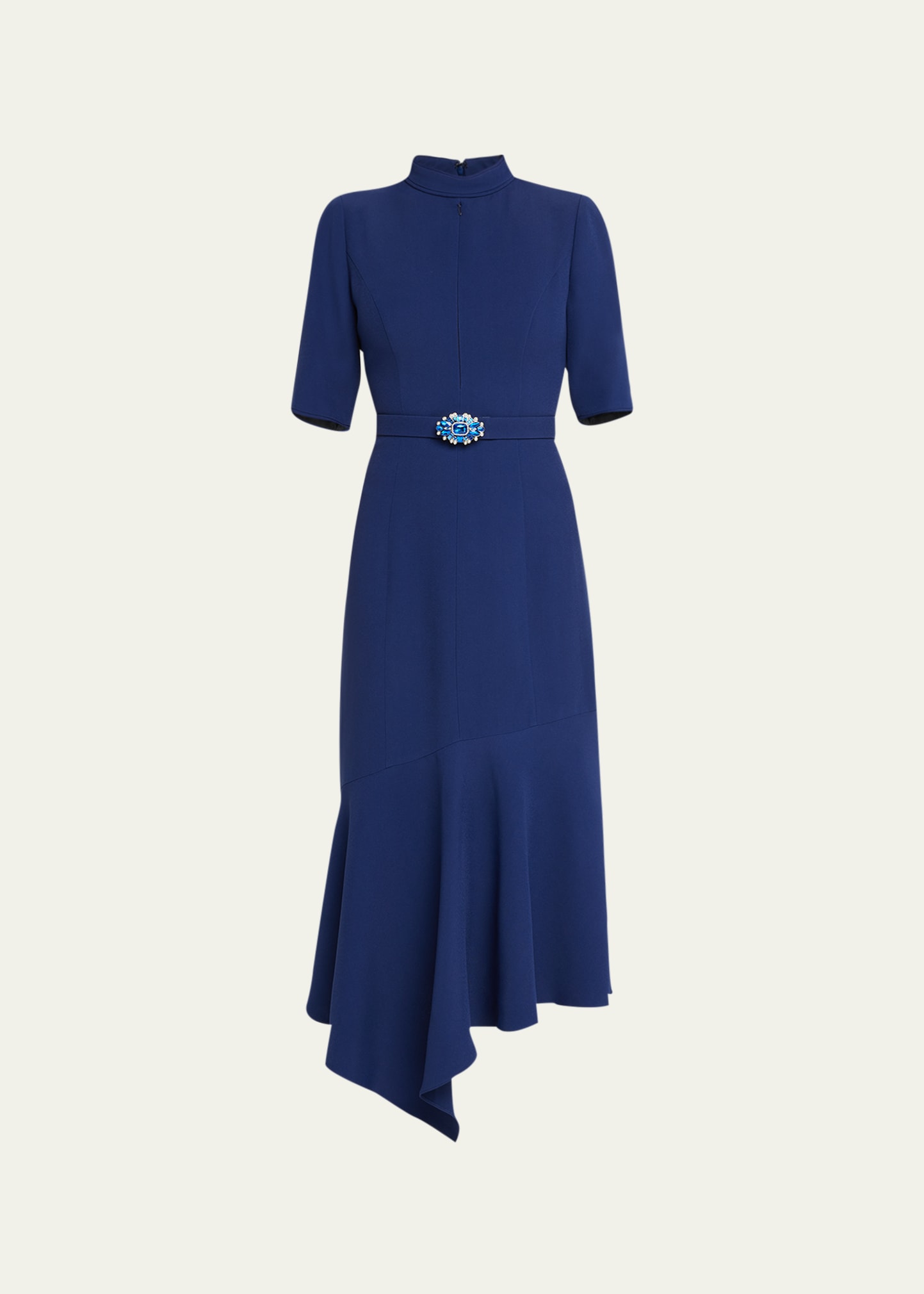 Andrew Gn Asymmetric Midi Dress With Embellished Belted Waist In Navy