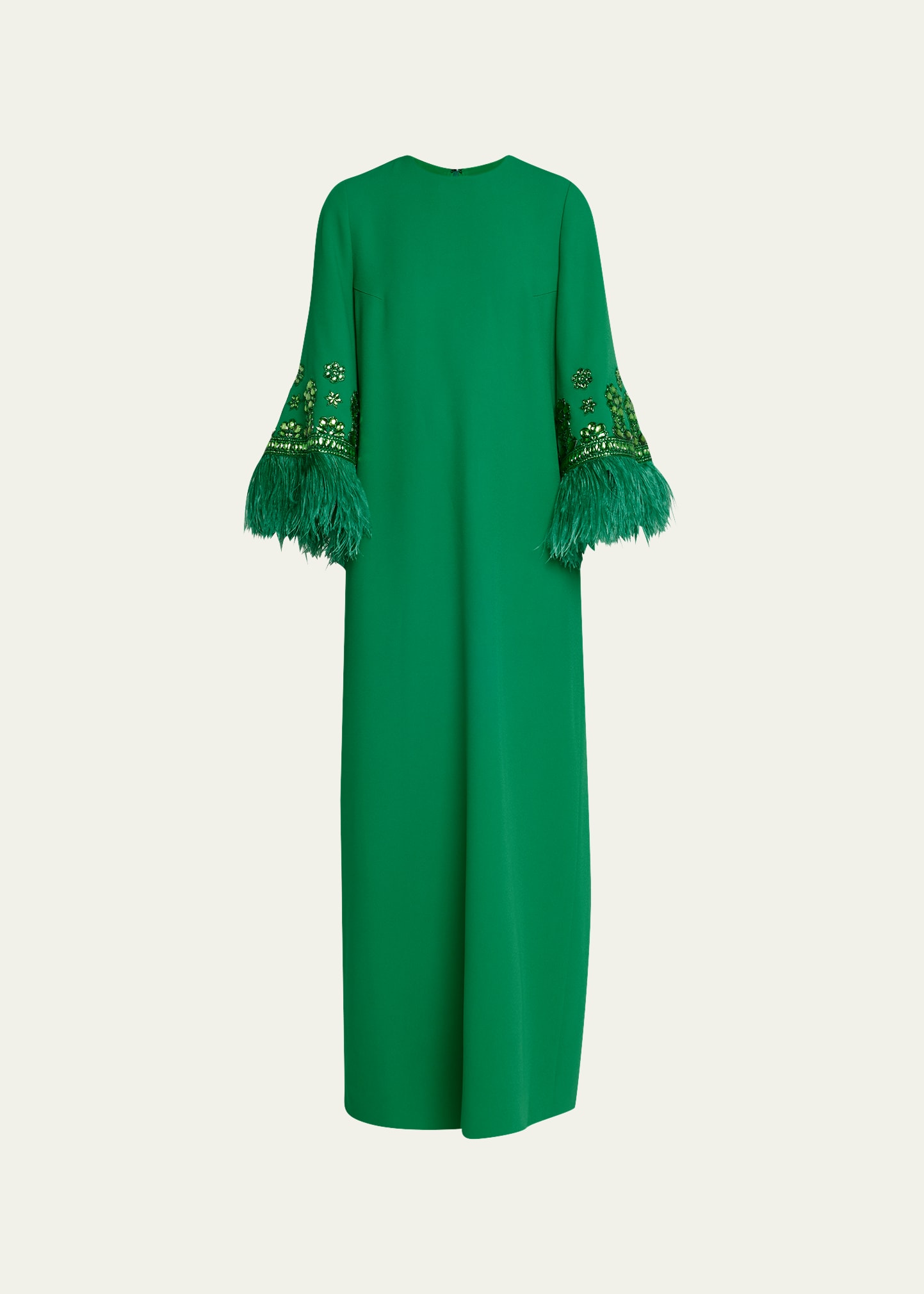 Andrew Gn Feather Crystal Trim Slv Midi Drs In Emerald Green