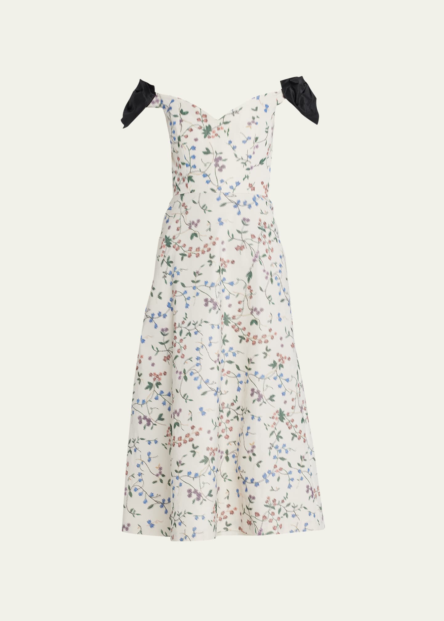 Markarian Dawn Vine-Print Off-Shoulder Bow Midi Dress