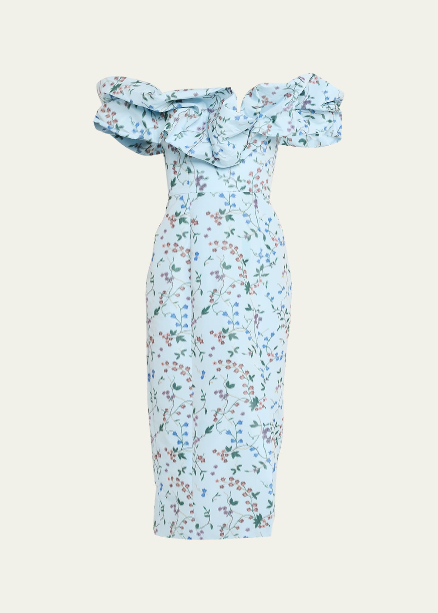Markarian Polly Floral Ikat Off-Shoulder Ruffle Midi Dress