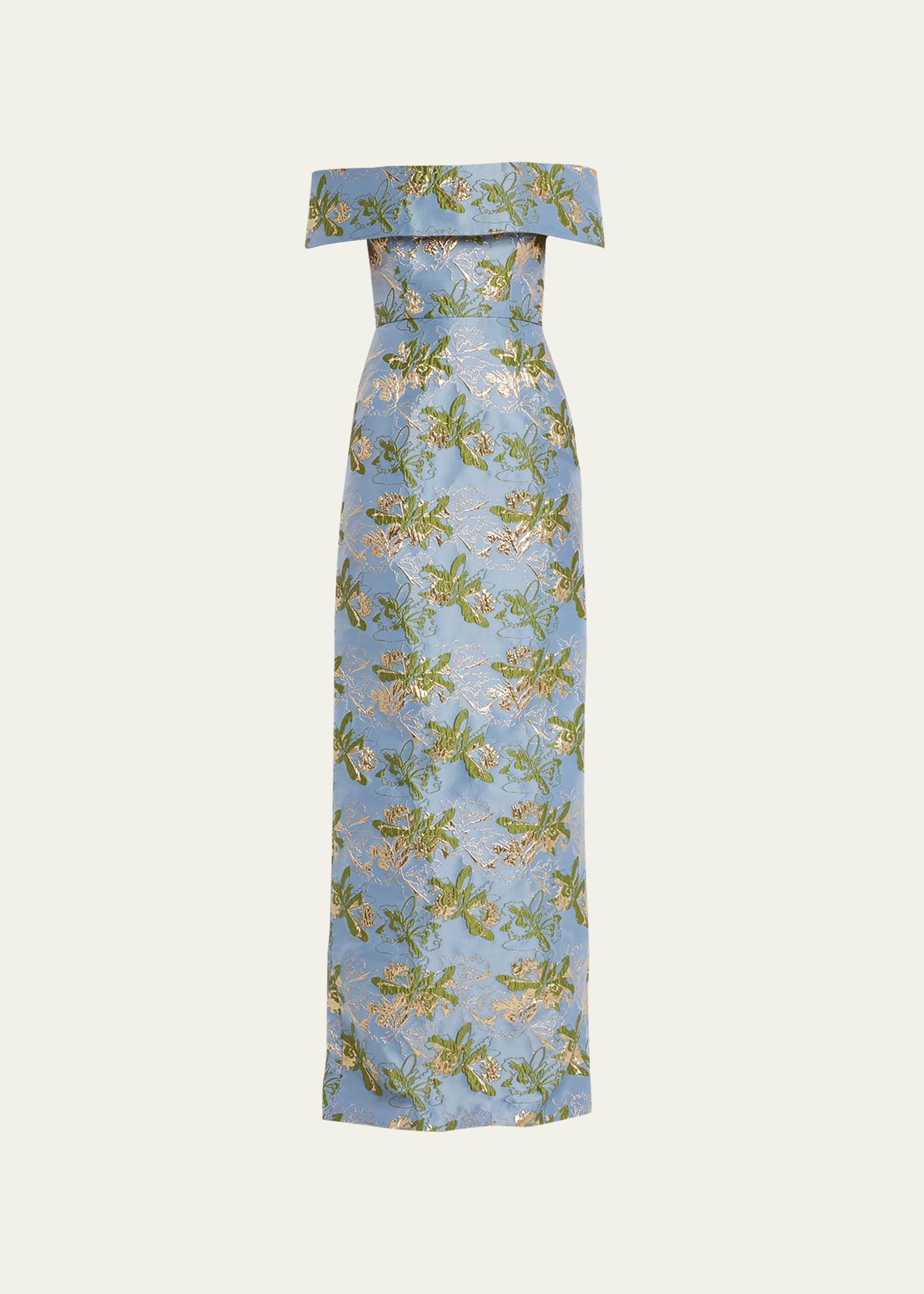 Markarian Clover Brocade Column Gown In Blue And Green Me