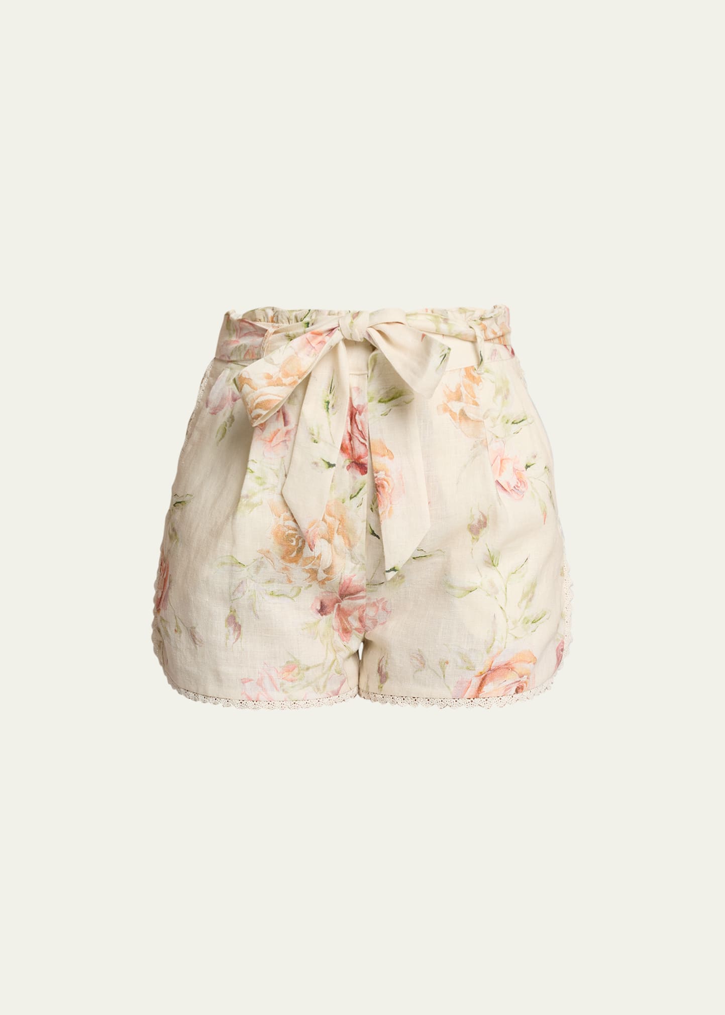 LoveShackFancy Tivey Belted Floral Linen Lace-Trim Shorts