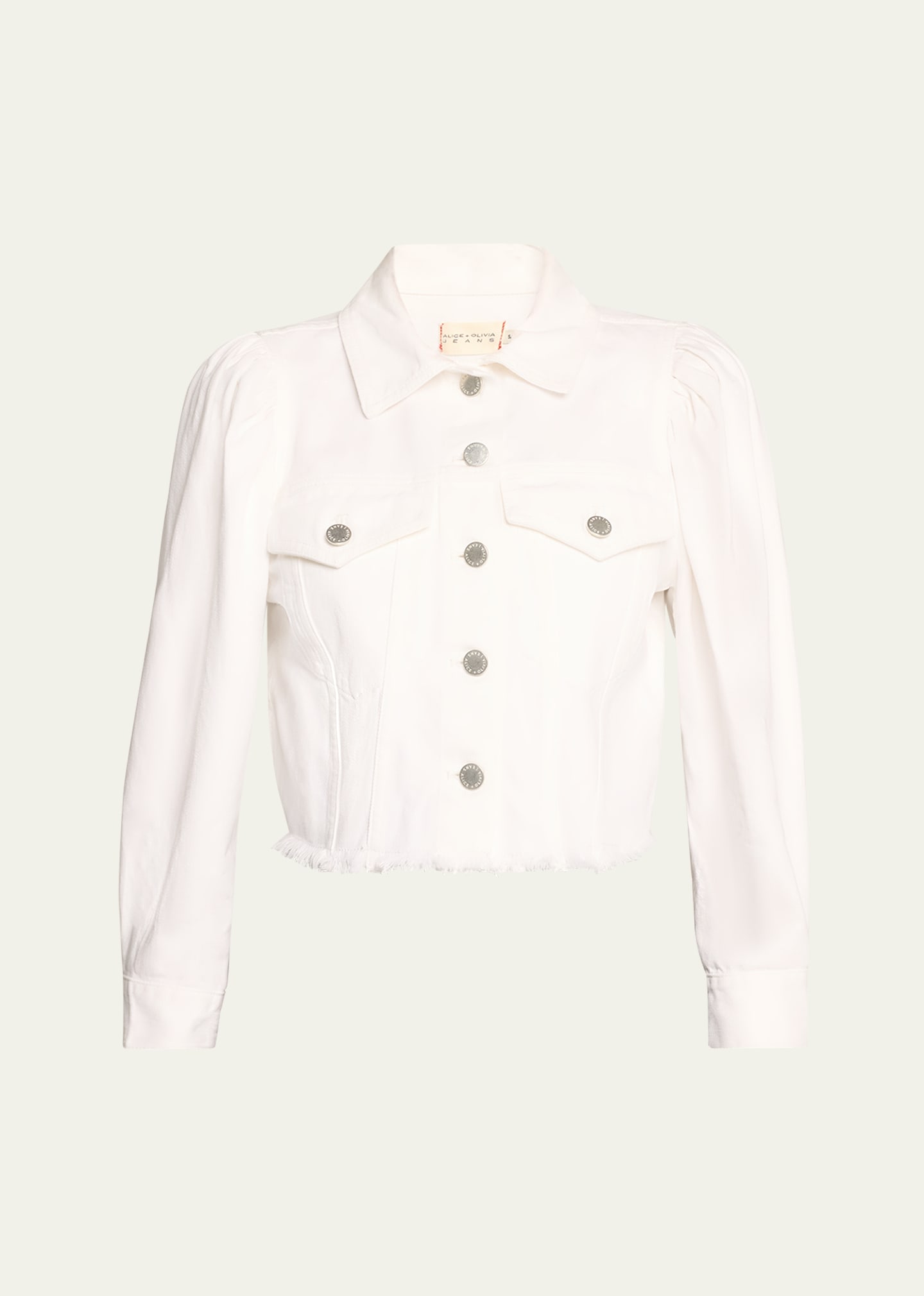 Shop Alice And Olivia Lana Puff-sleeve Cropped Denim Jacket In White