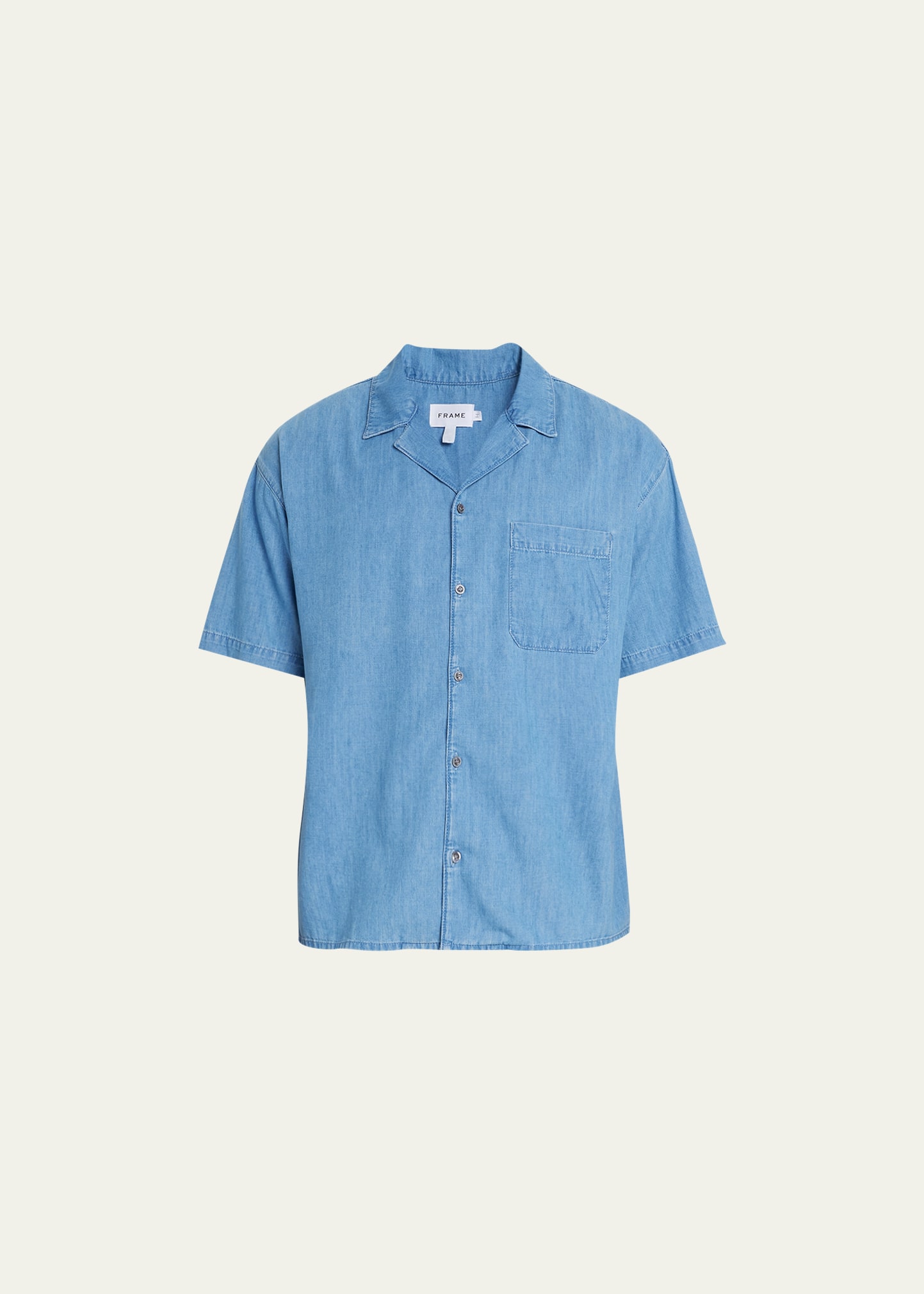 Frame Short Sleeve Cotton & Linen Chambray Camp Shirt In Blue