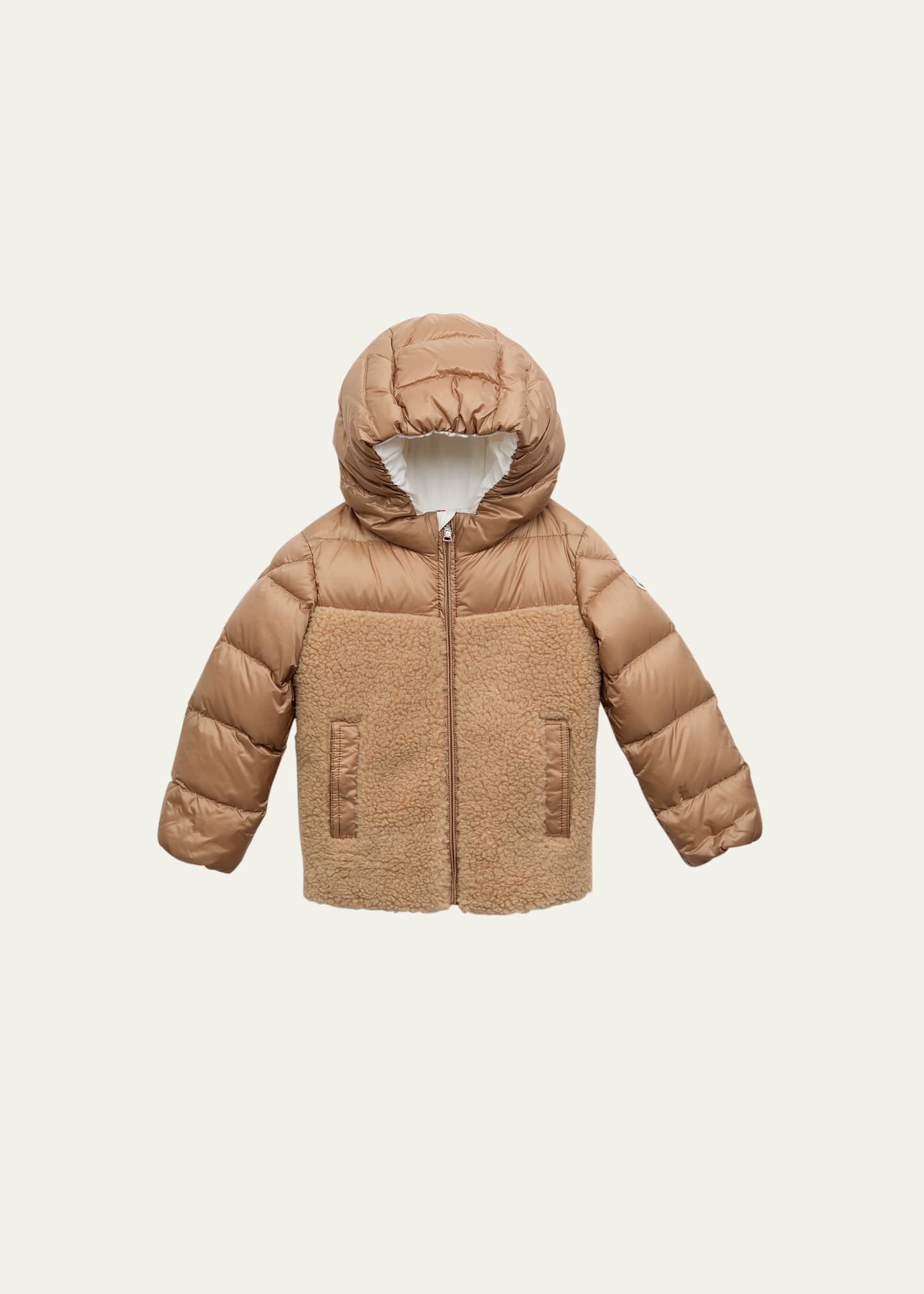 Shop Moncler Kid's Amin Plush Teddy Combo Jacket In Tan