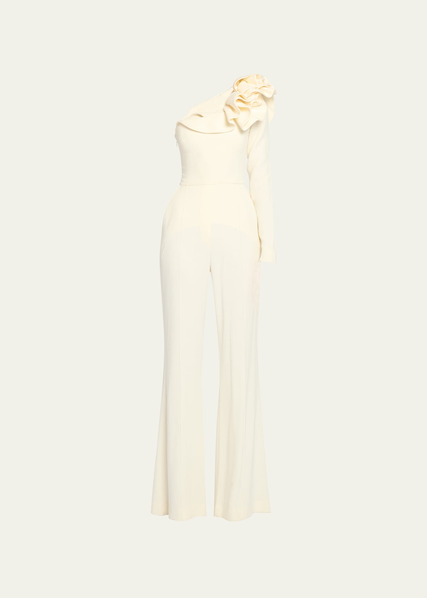 Elie Saab One-Shoulder Flared Cady Jumpsuit with Rosette Detail
