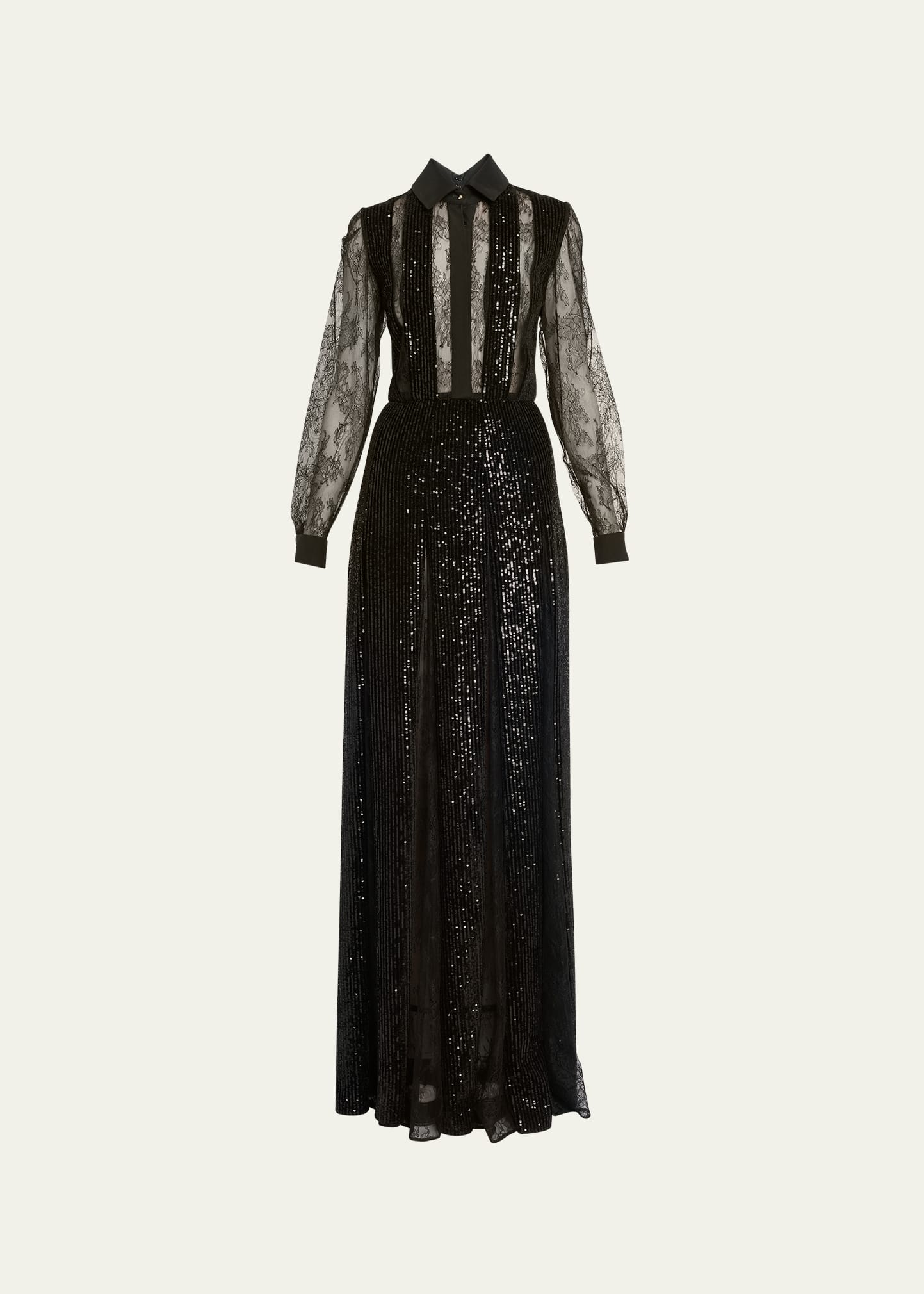 Elie Saab Button-Front Lace Gown with Velvet And Sequin Detail