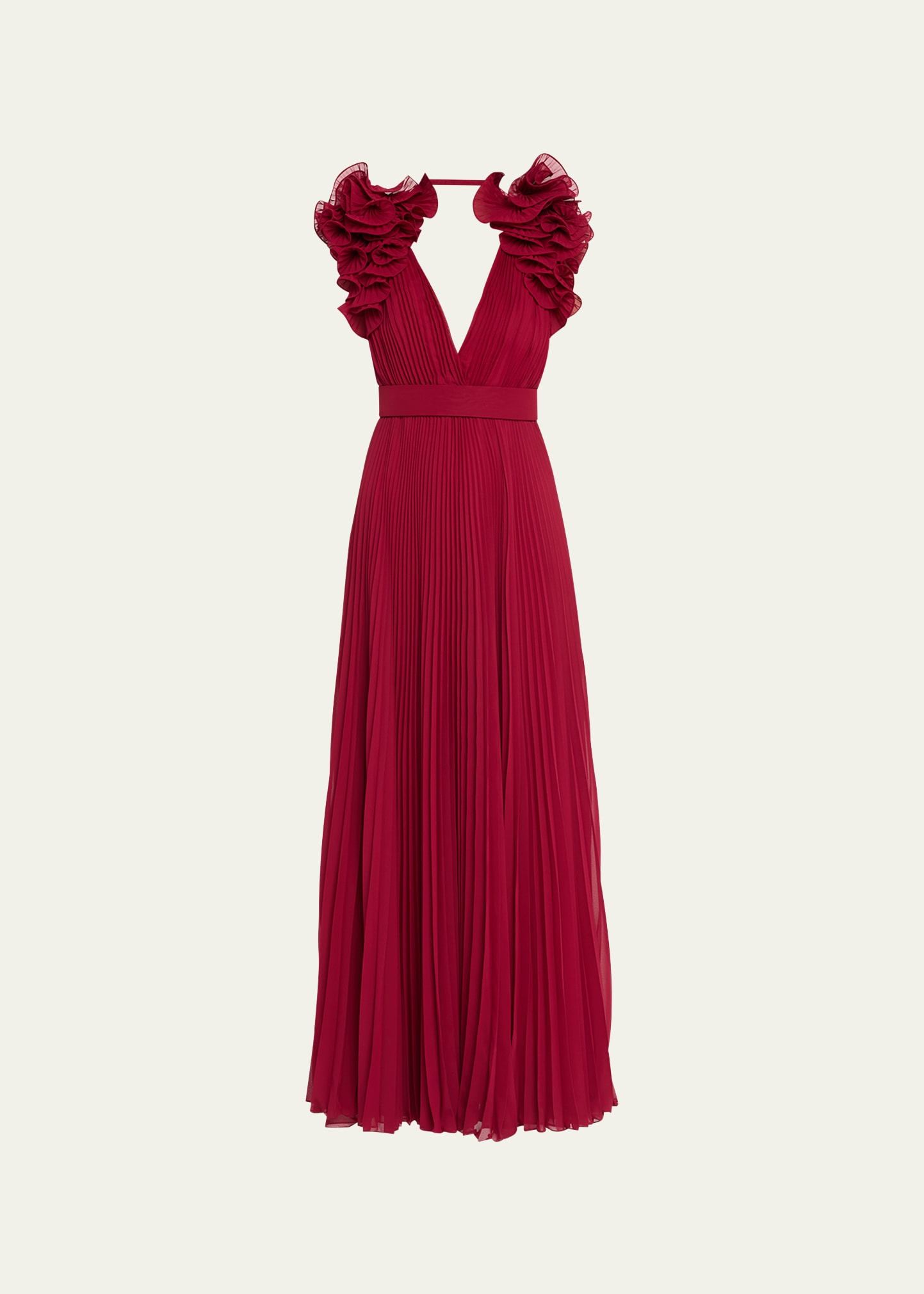 Pleated Georgette Gown with Ruffle Detail