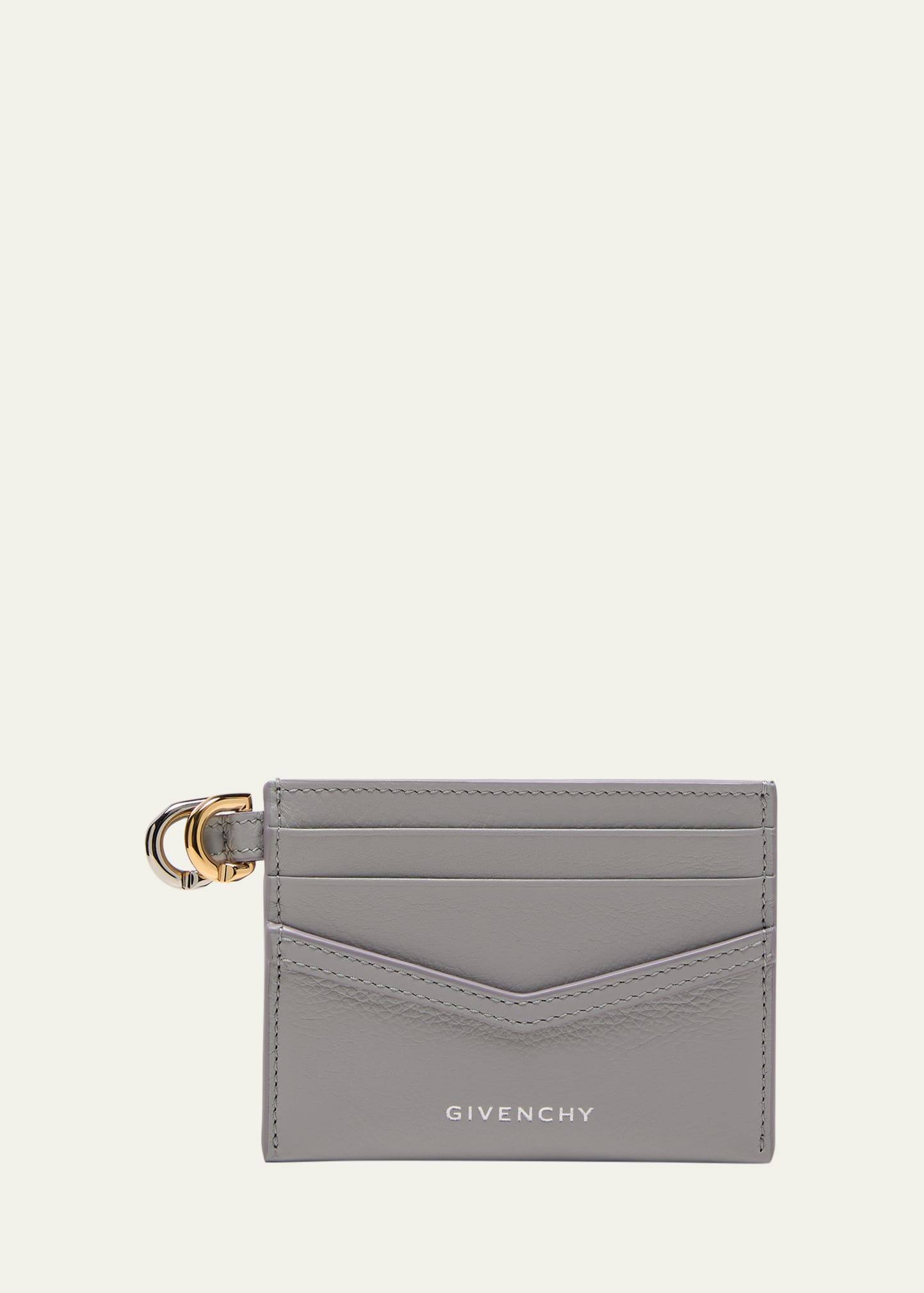 Voyou Card Holder In Tumbled Leather In Light Grey