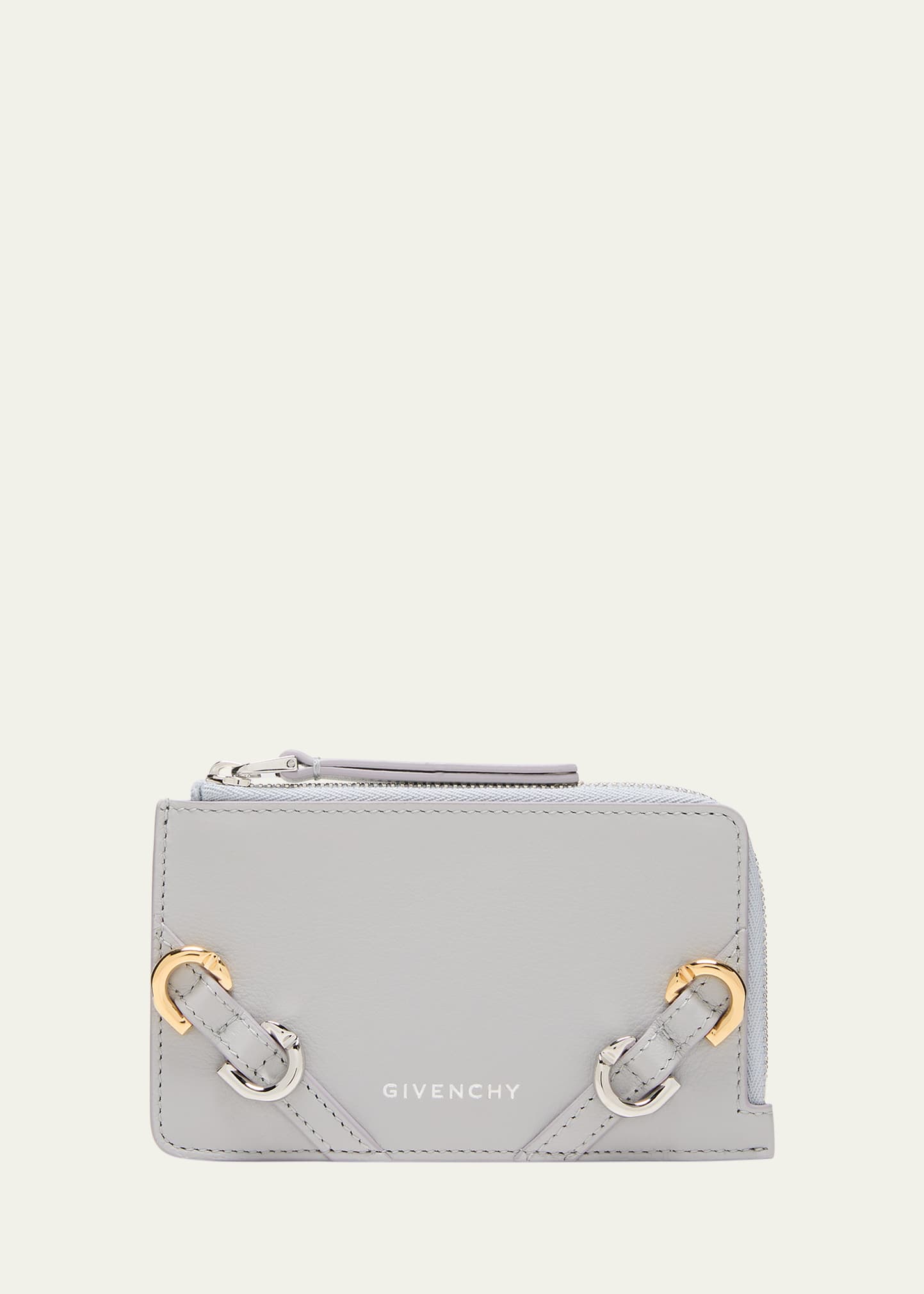 Givenchy Voyou Zip Card Holder In Tumbled Leather In Light Grey
