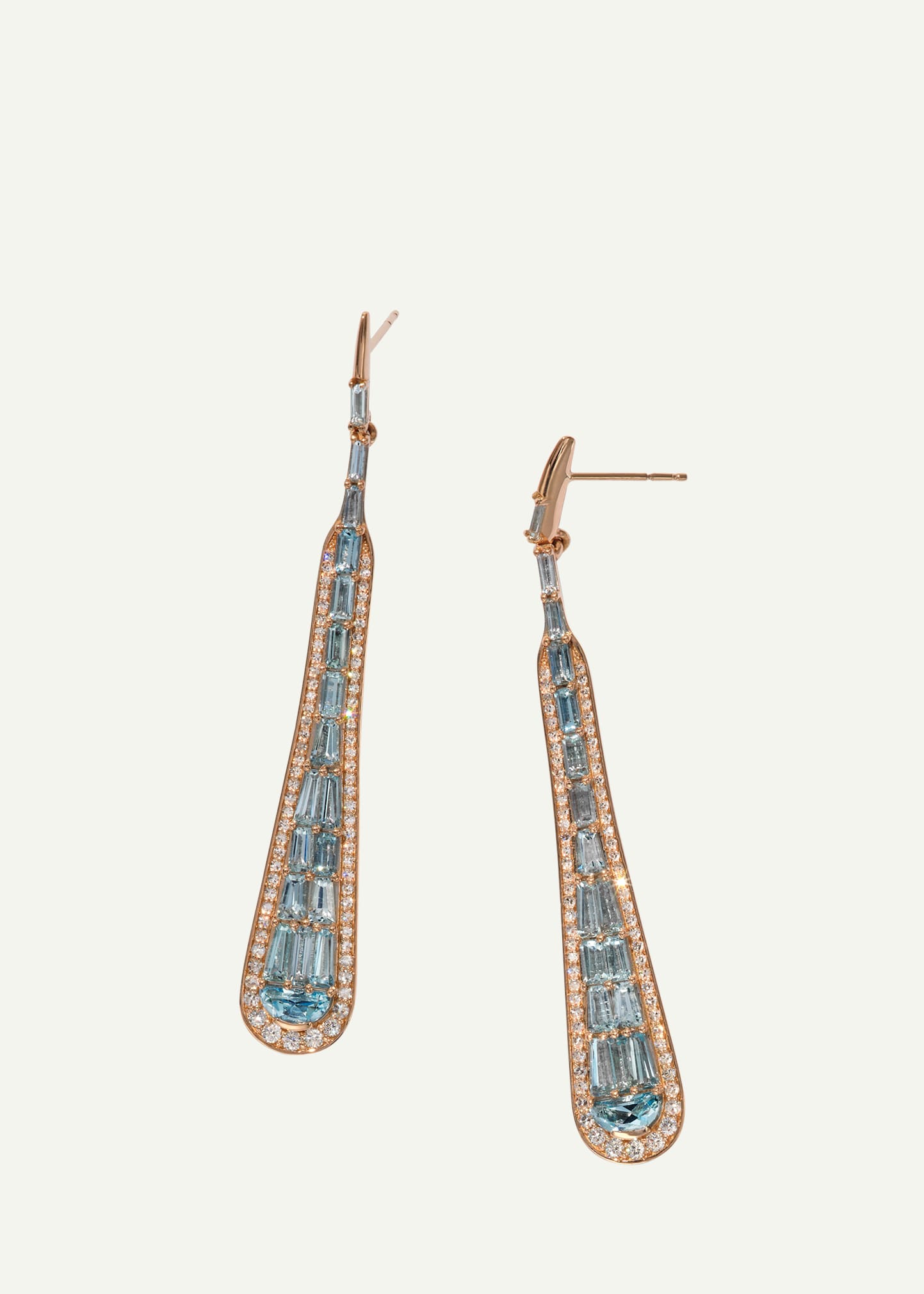 20K Rose Gold Large Oar Earrings with Aquamarine and White Diamonds