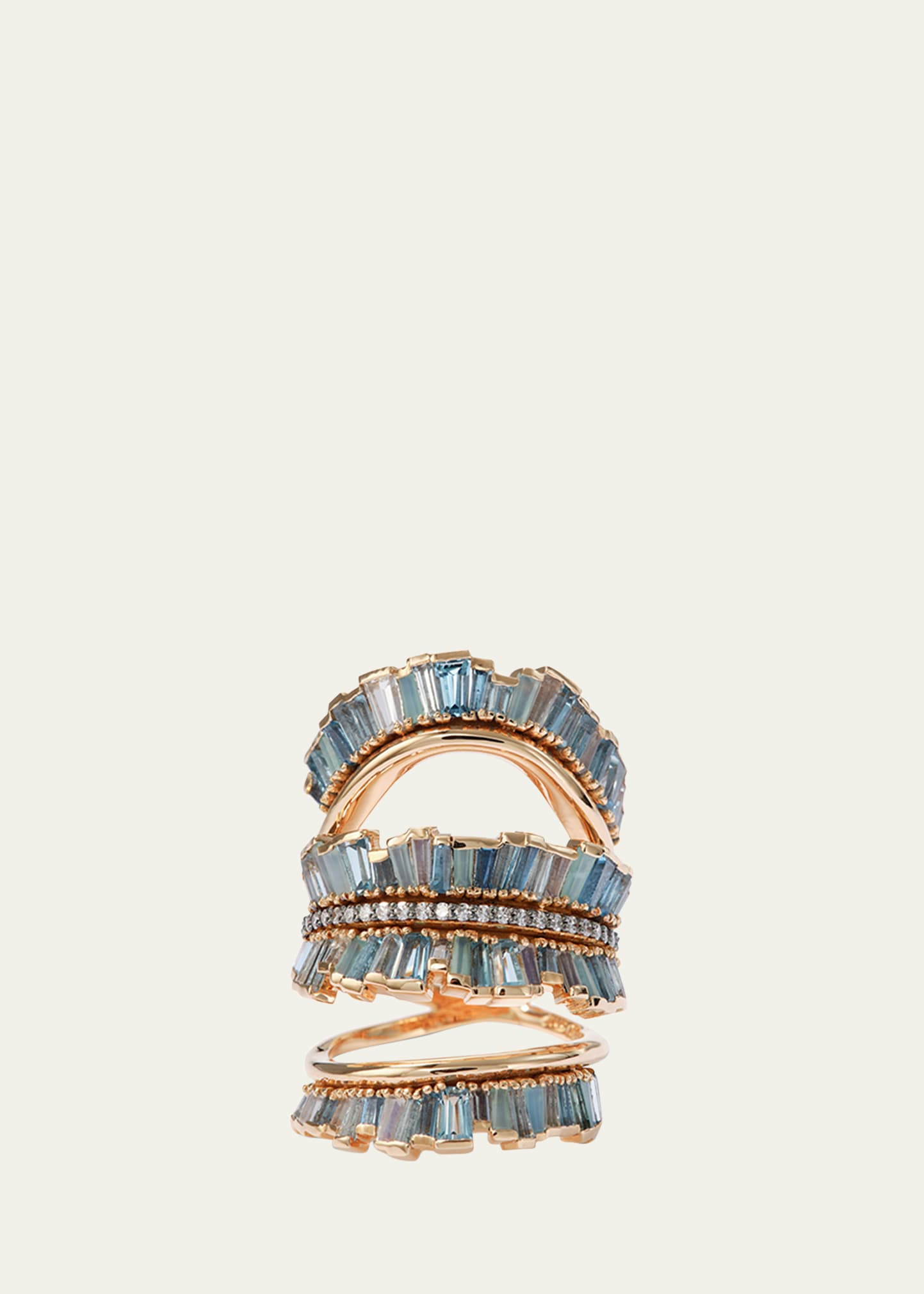 20K Recycled Rose Gold Triple Ruched Ribbon Ring with Aquamarine, Blue Moonstone and Peruvian Opal