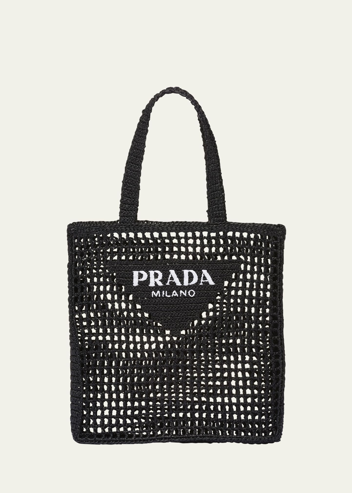 Prada Men's Triangle Logo Raffia Tote Bag In F0002 Nero