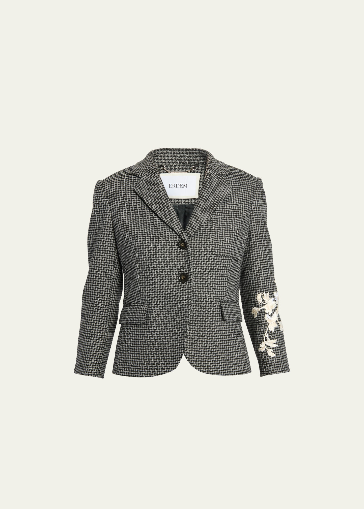 Fitted Wool Blazer Jacket with Floral Embroidered Detail