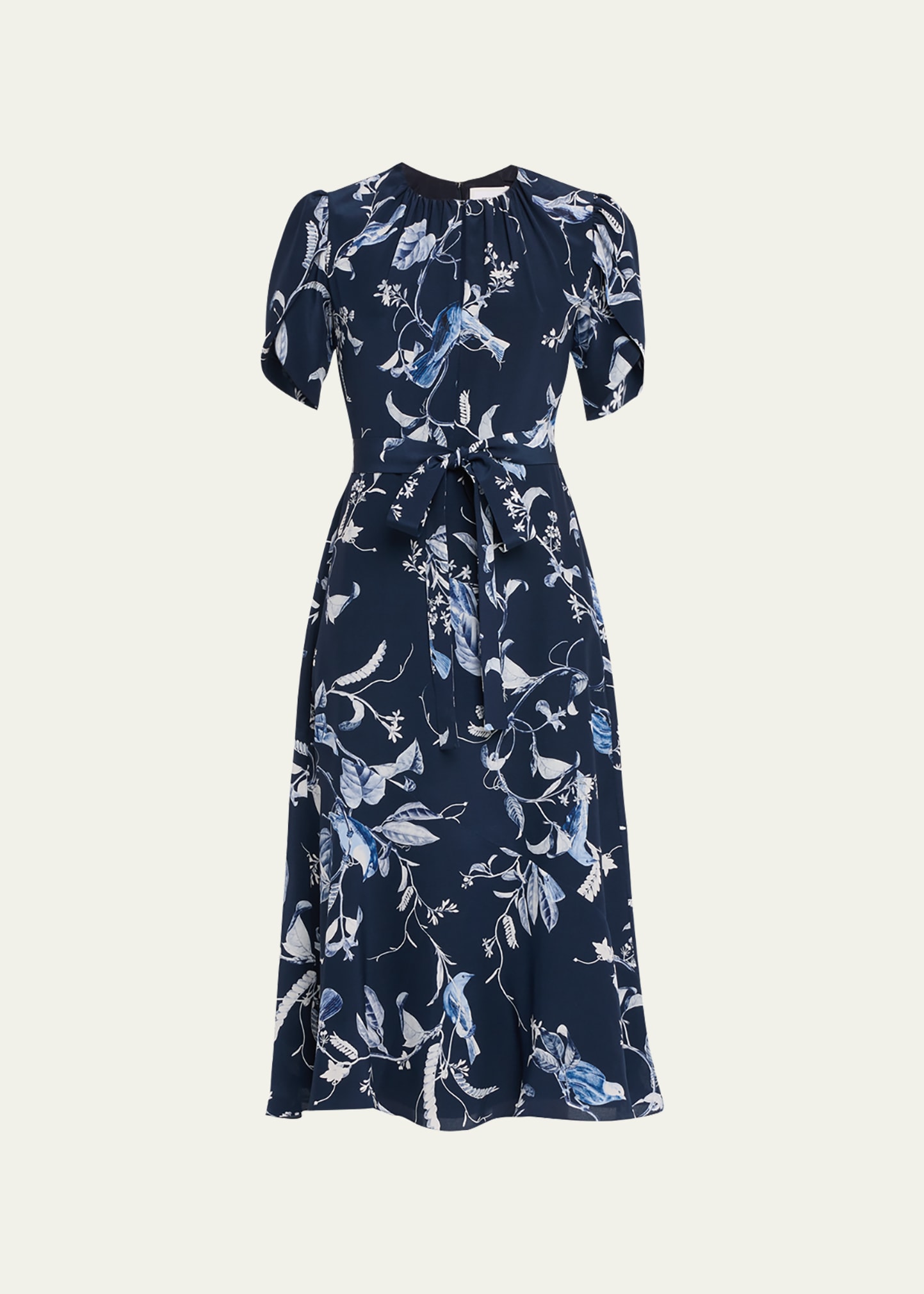 Bird-Print Self-Tie Silk Midi Dress