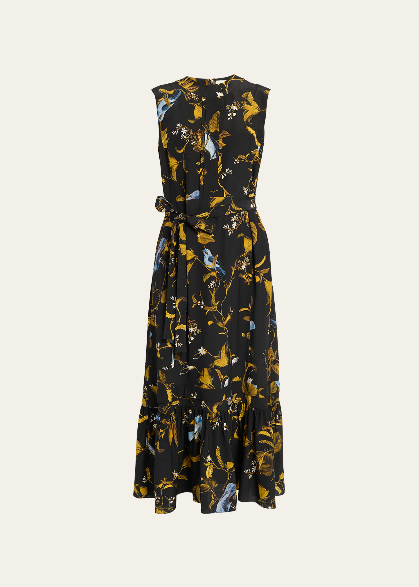 Erdem Bird-print Belted Sleeveless Ruffle-hem Midi Dress In Cecilia Birds Bla