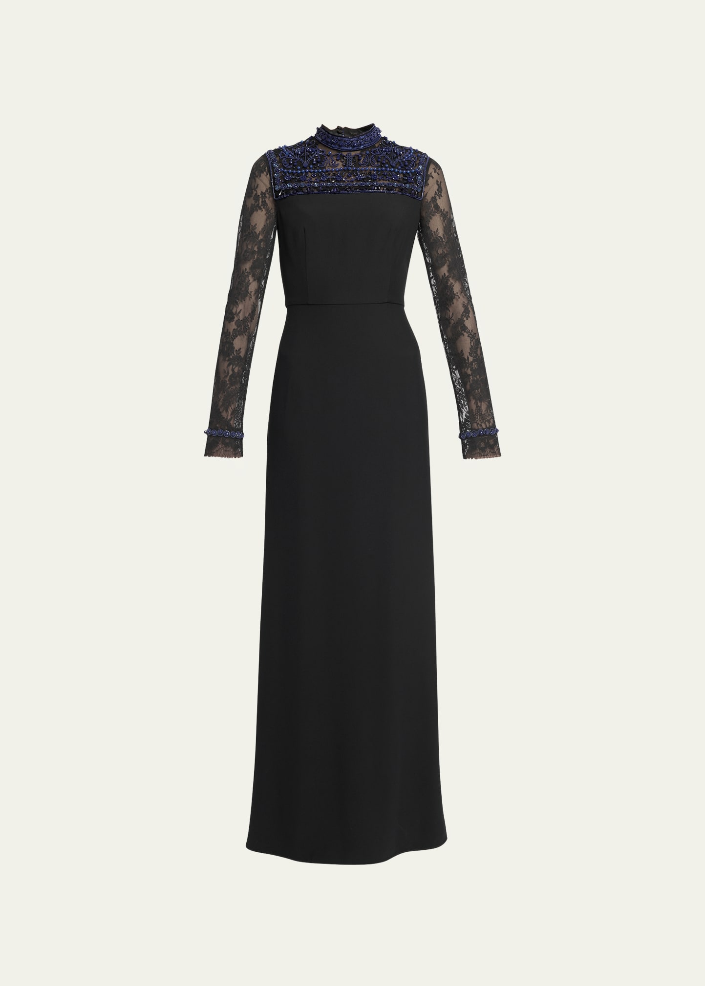 Beaded Lace Long-Sleeve Column Gown