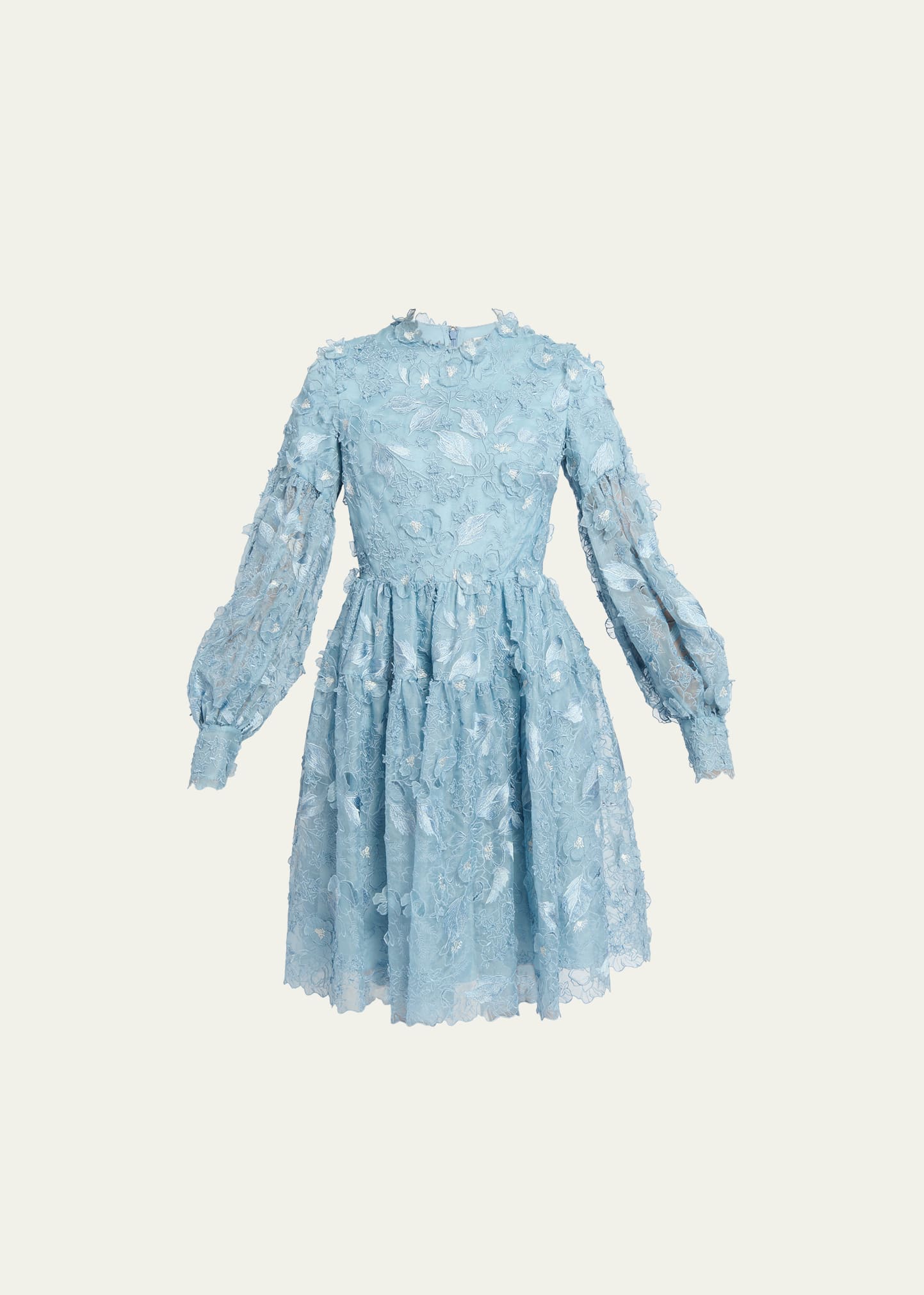 Floral Embroidered Applique Long-Sleeve Tiered Dress