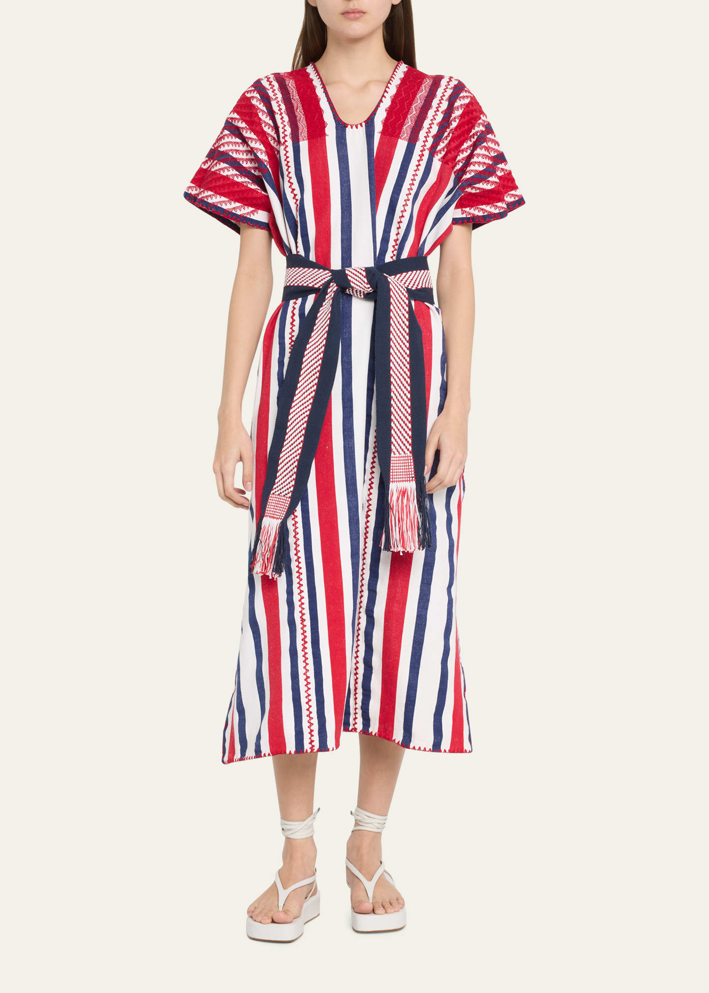 PIPPA HOLT THREE-PANEL STRIPED EMBROIDERED MIDI KAFTAN