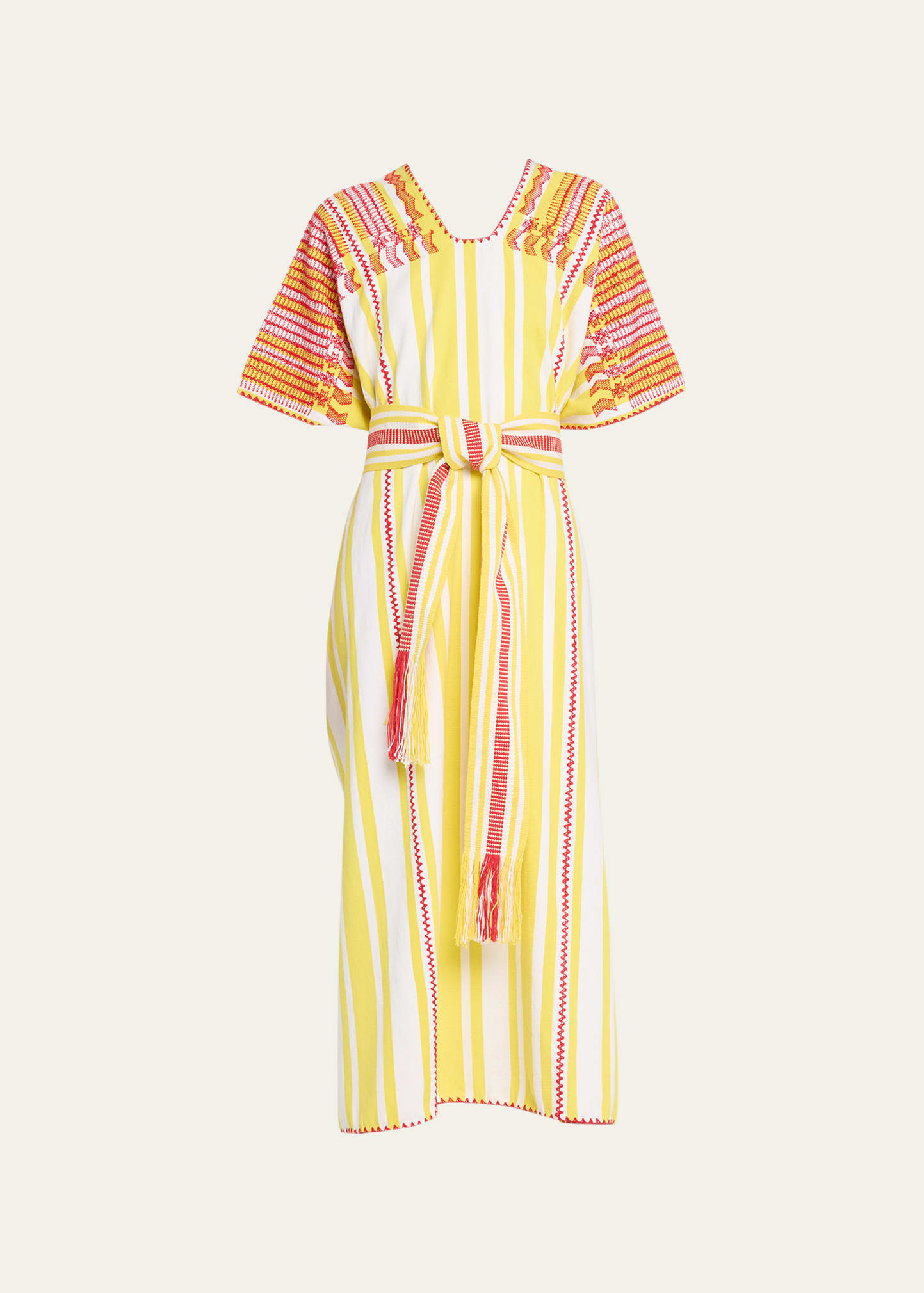 Pippa Holt Three-panel Striped Embroidered Midi Kaftan In Yellow