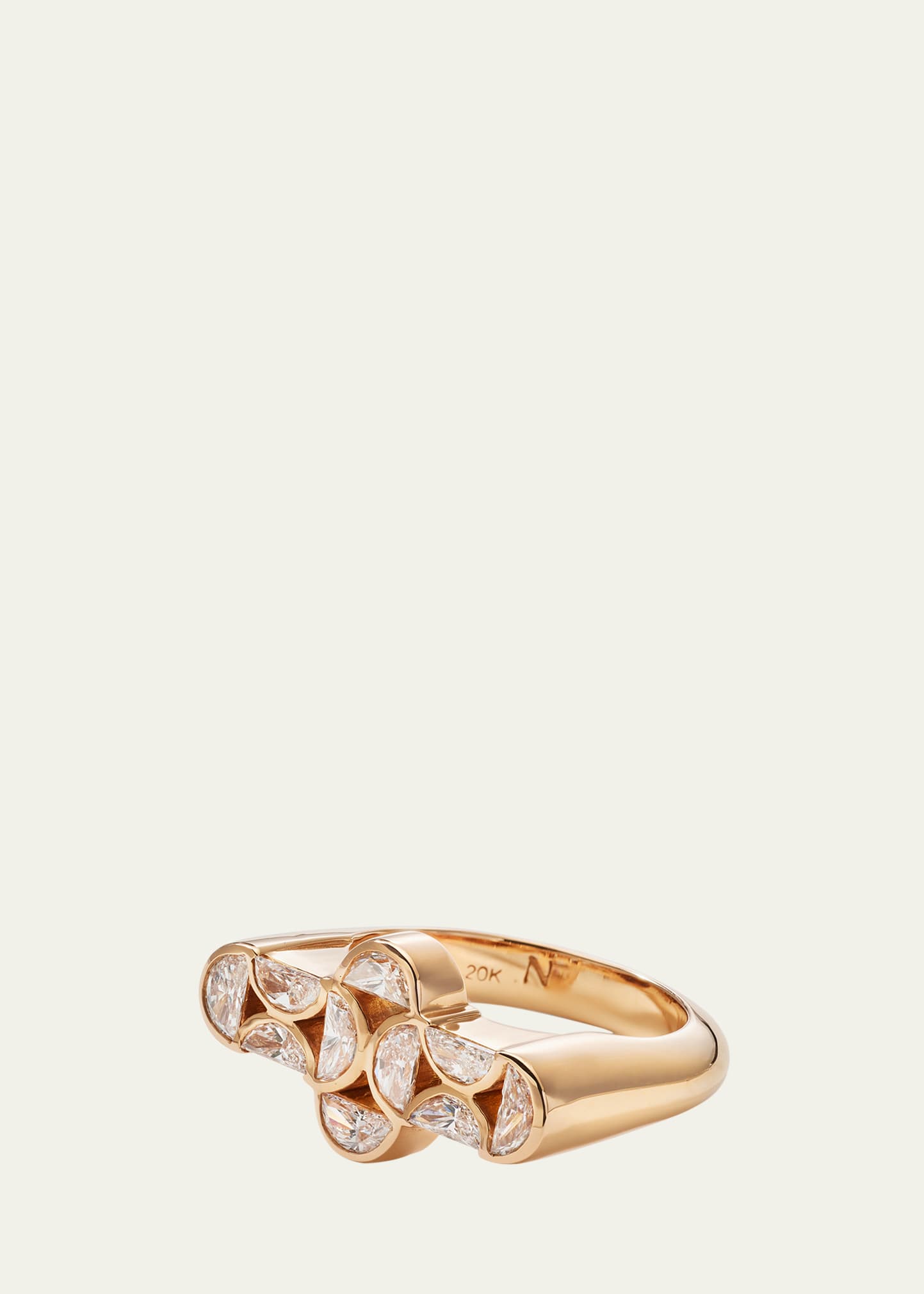 20K Rose Gold Byzantine Bullet Ring with White Diamond Half Moons