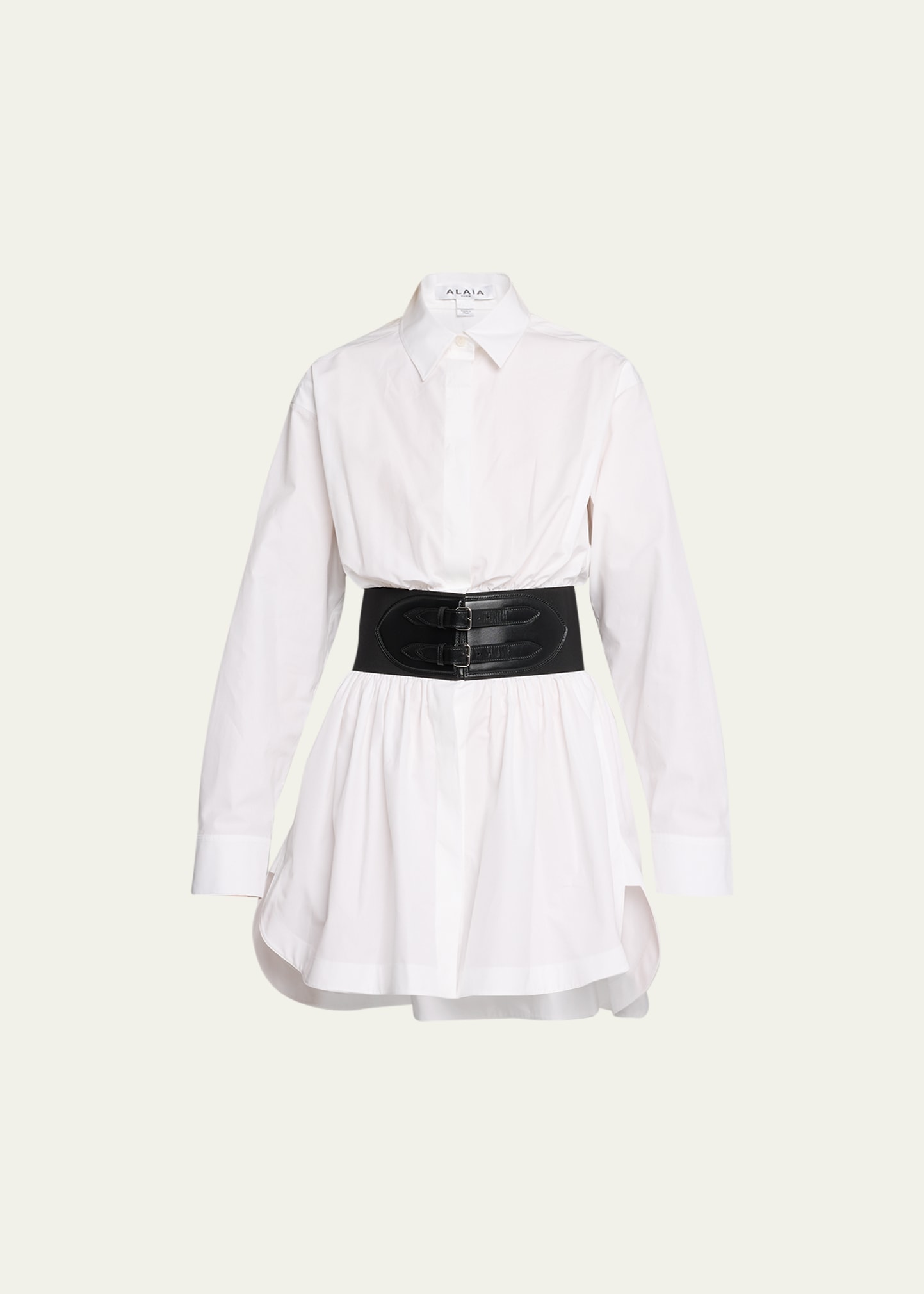 ALAÏA BUTTON-FRONT MINI SHIRTDRESS WITH CORSET BELT