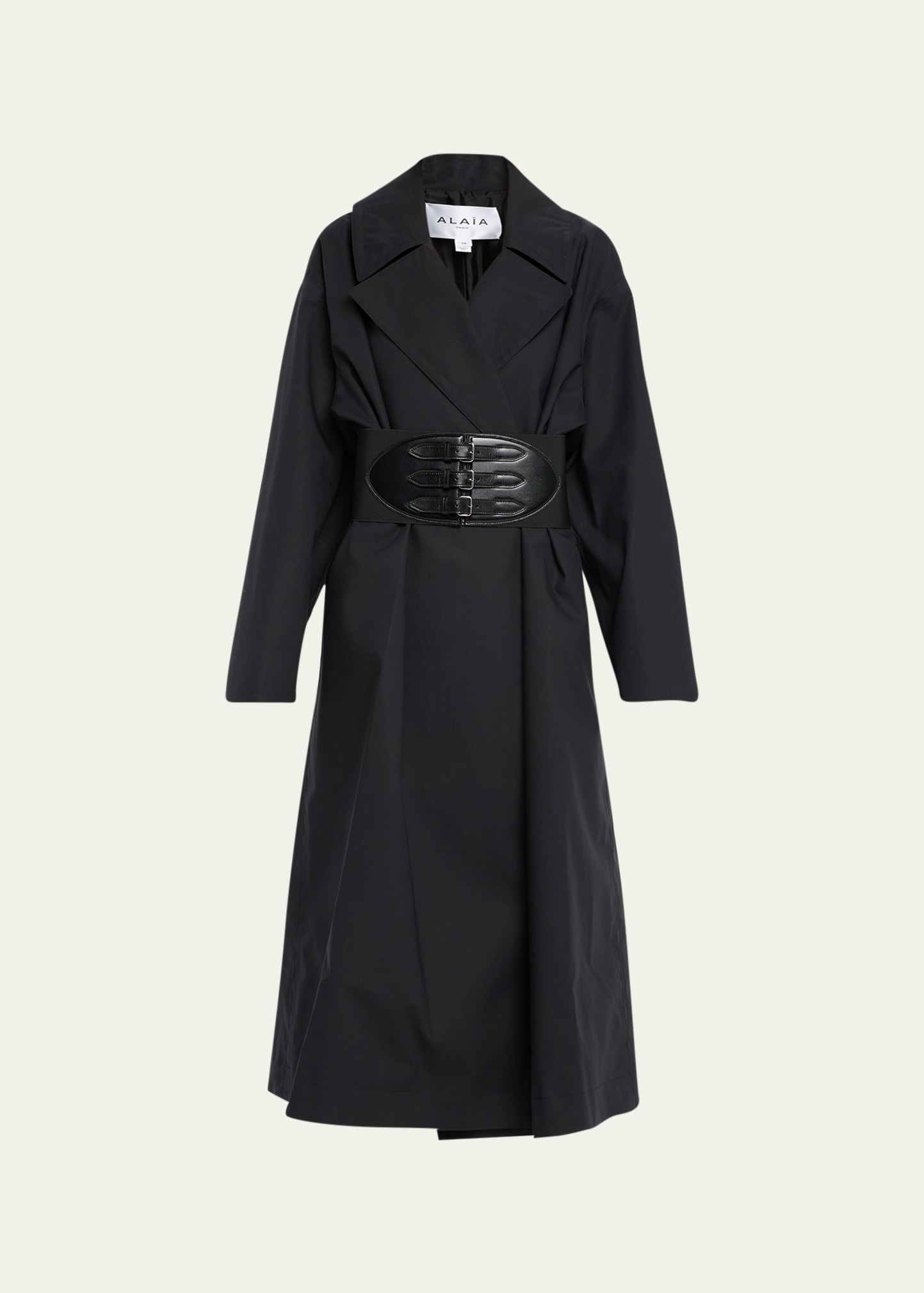 Shop Alaïa Long Trench Coat With Leather Corset Belt In Noir