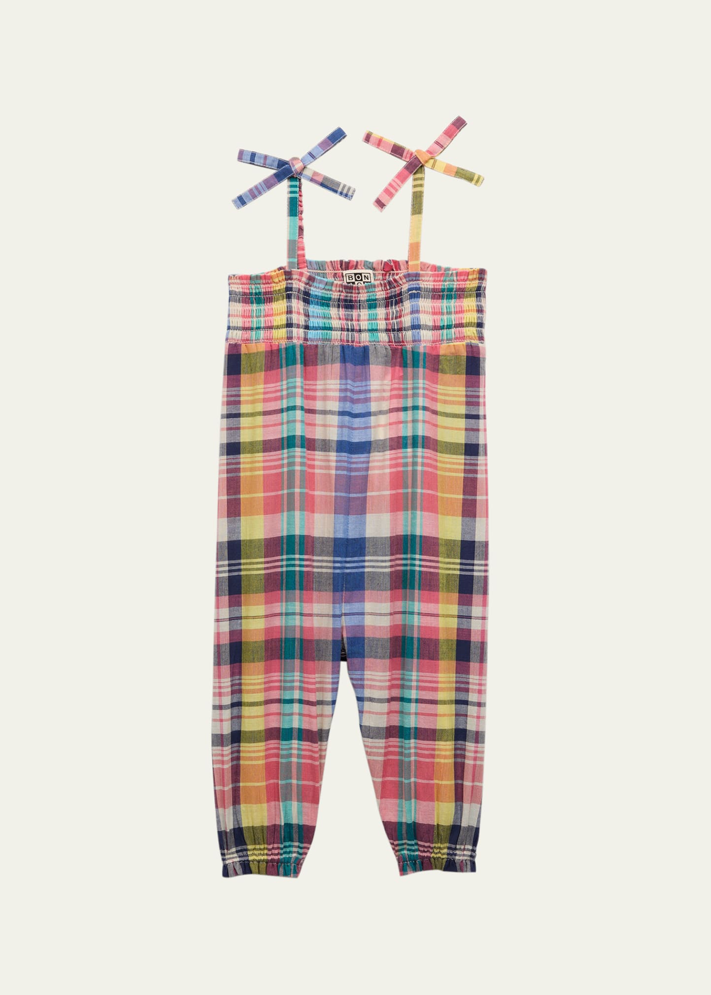 Bonton Girl's Rainbow Plaid-Print Smocked Jumpsuit, Size 6M-3