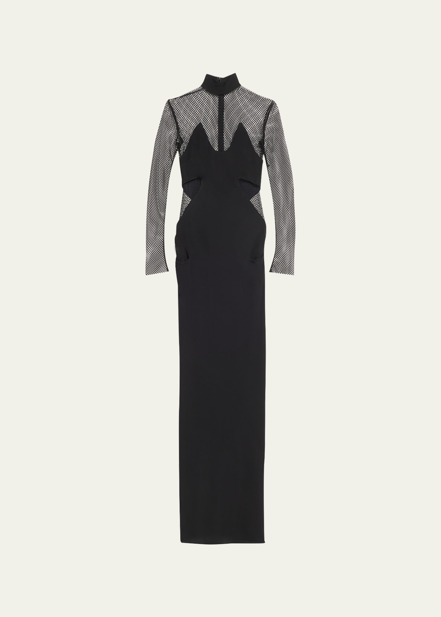 Mesh Cutout Long-Sleeve Column Gown