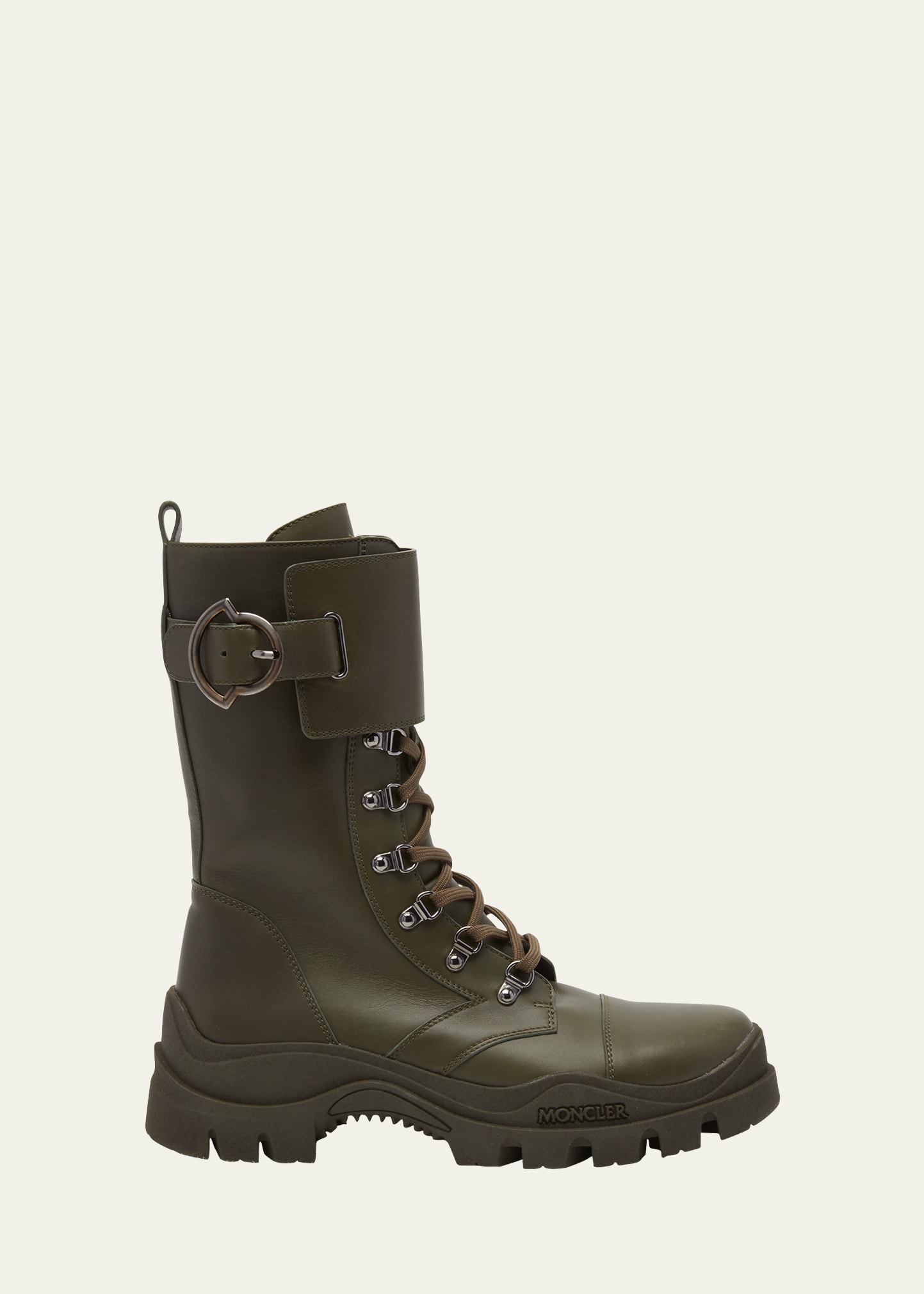 Moncler Emblem Buckle Leather Lace-up Boots In Medium Green