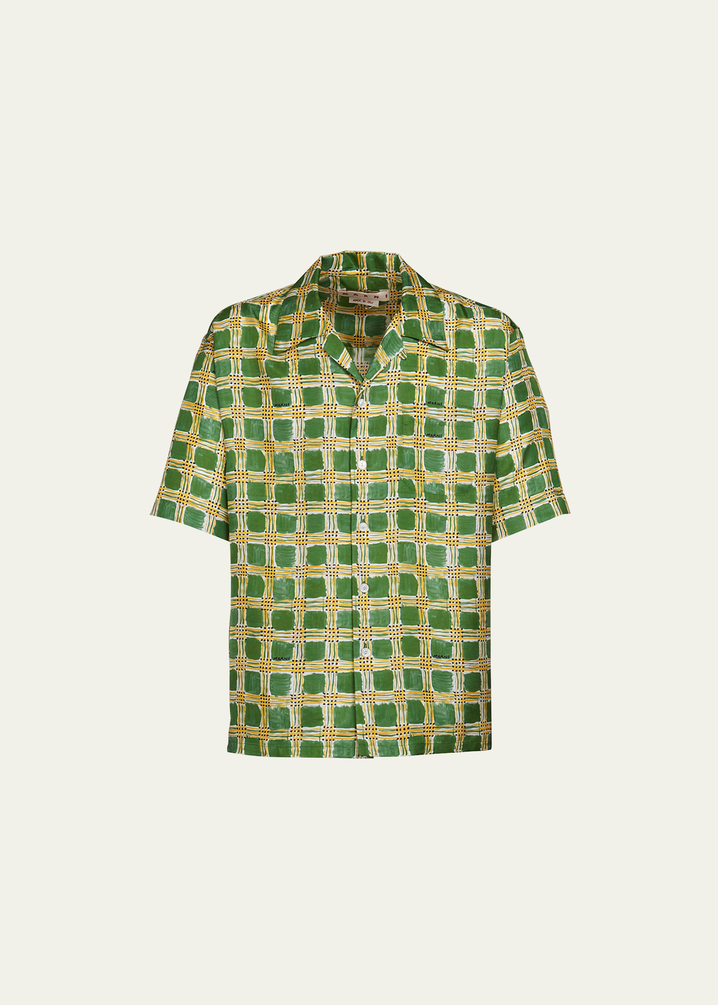 Marni Men's Check Fields Silk Camp Shirt In Primary Green