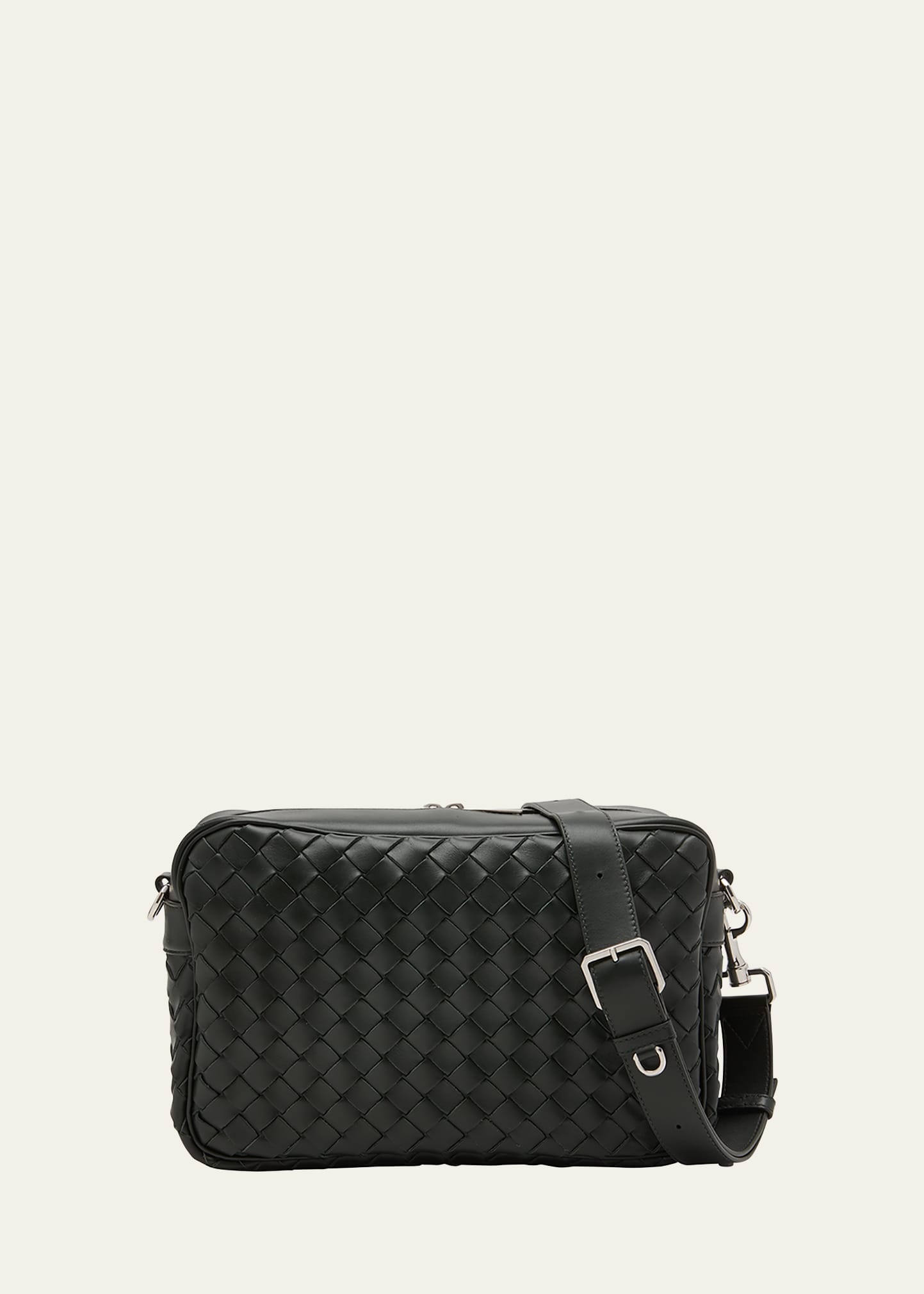 Bottega Veneta Men's Leather Intrecciato Crossbody Camera Bag, black-silver, Men's, Crossbody Bags Messenger Bags & Camera Bags