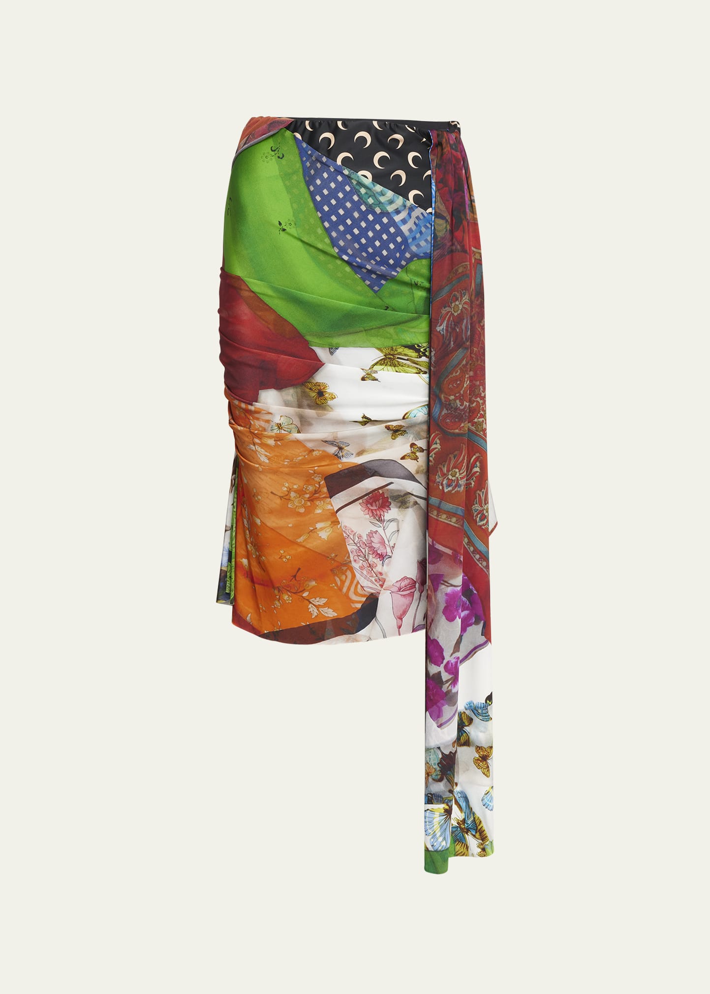 MARINE SERRE MIXED-PRINT ASYMMETRIC DRAPED SKIRT