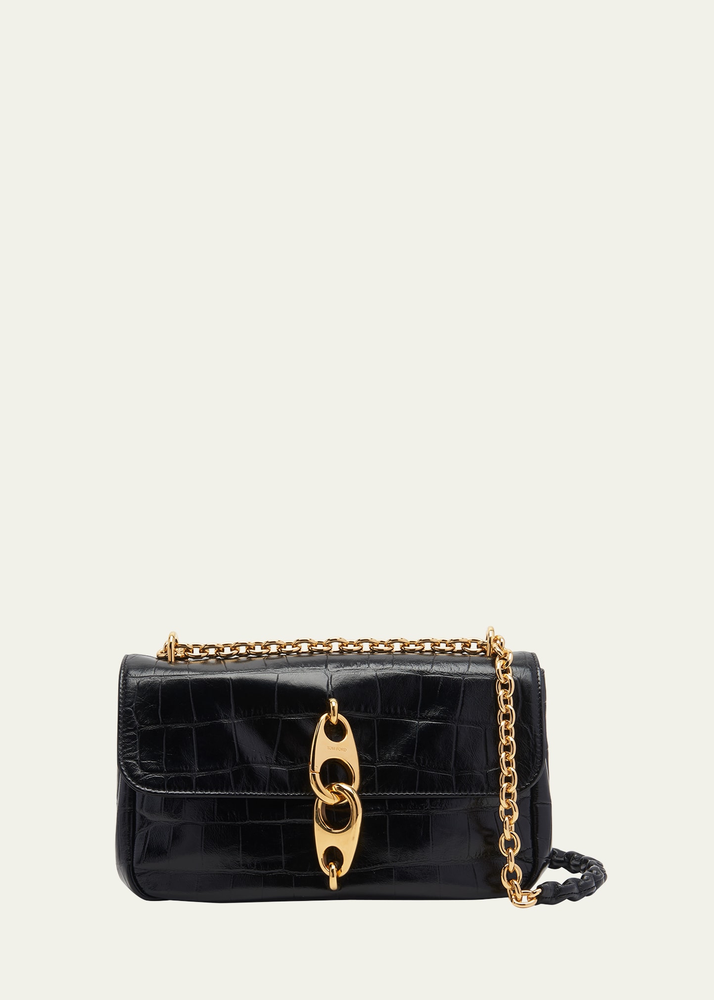 Shop Tom Ford Carine Medium Shoulder Bag In Stamped Croc Leather In Black