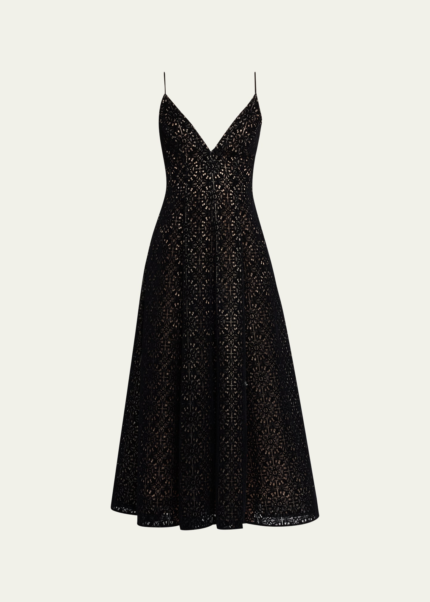 LELA ROSE EYELET EMBROIDERED MIDI DRESS WITH POCKETS