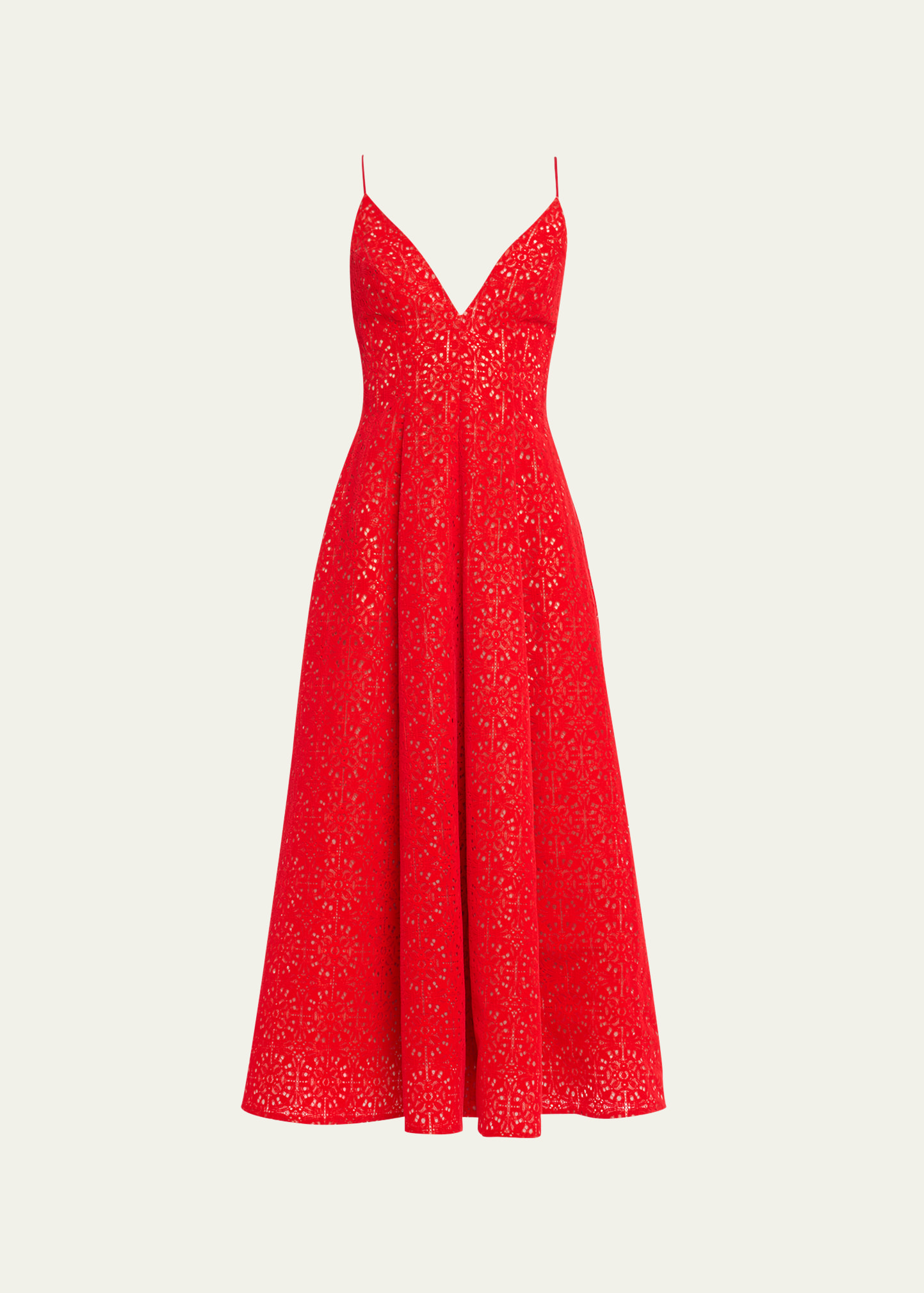 LELA ROSE EYELET EMBROIDERED MIDI DRESS WITH POCKETS