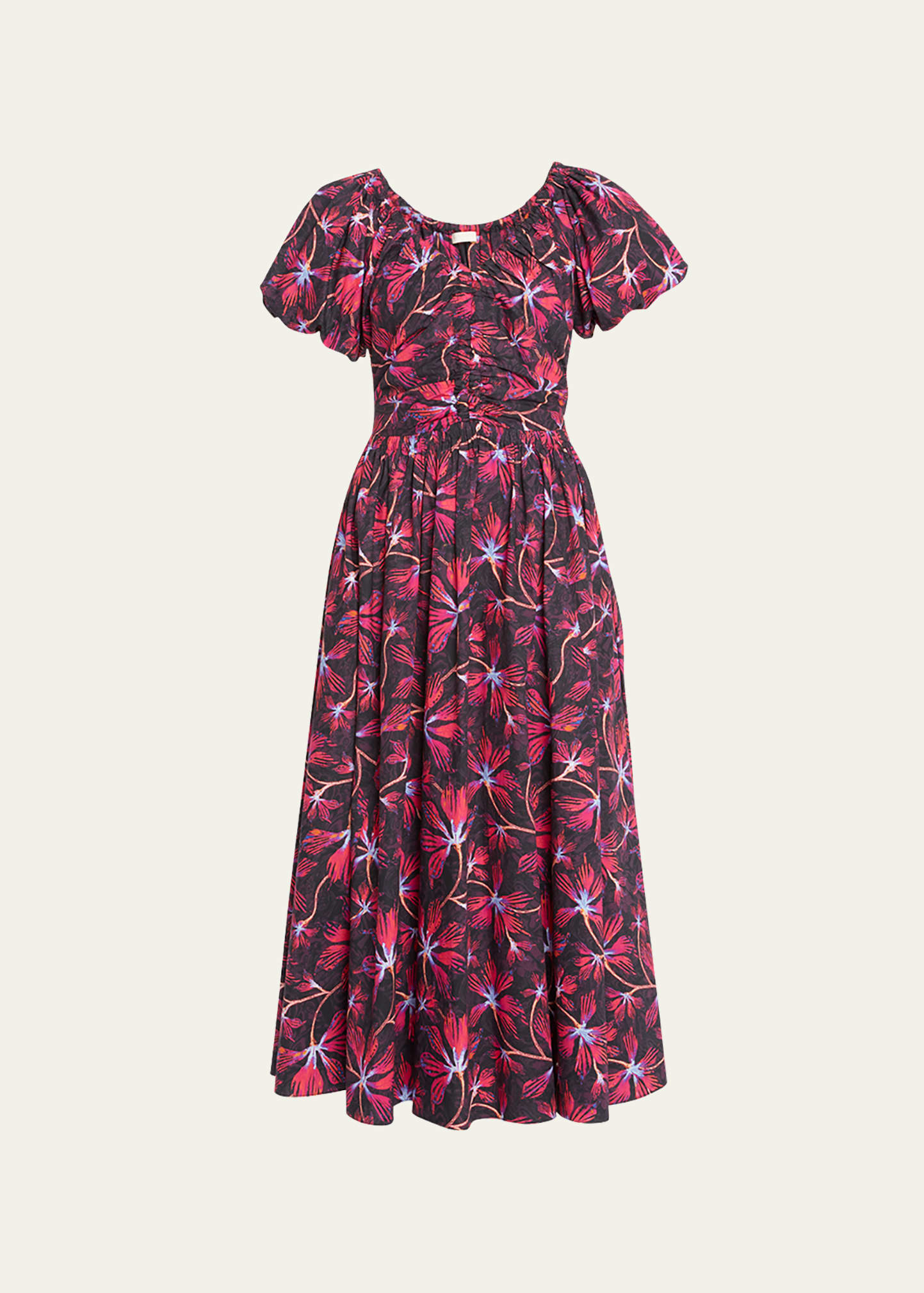 Shop Ulla Johnson Cecile Puff-sleeve Printed Cotton Midi Dress In Zinnia