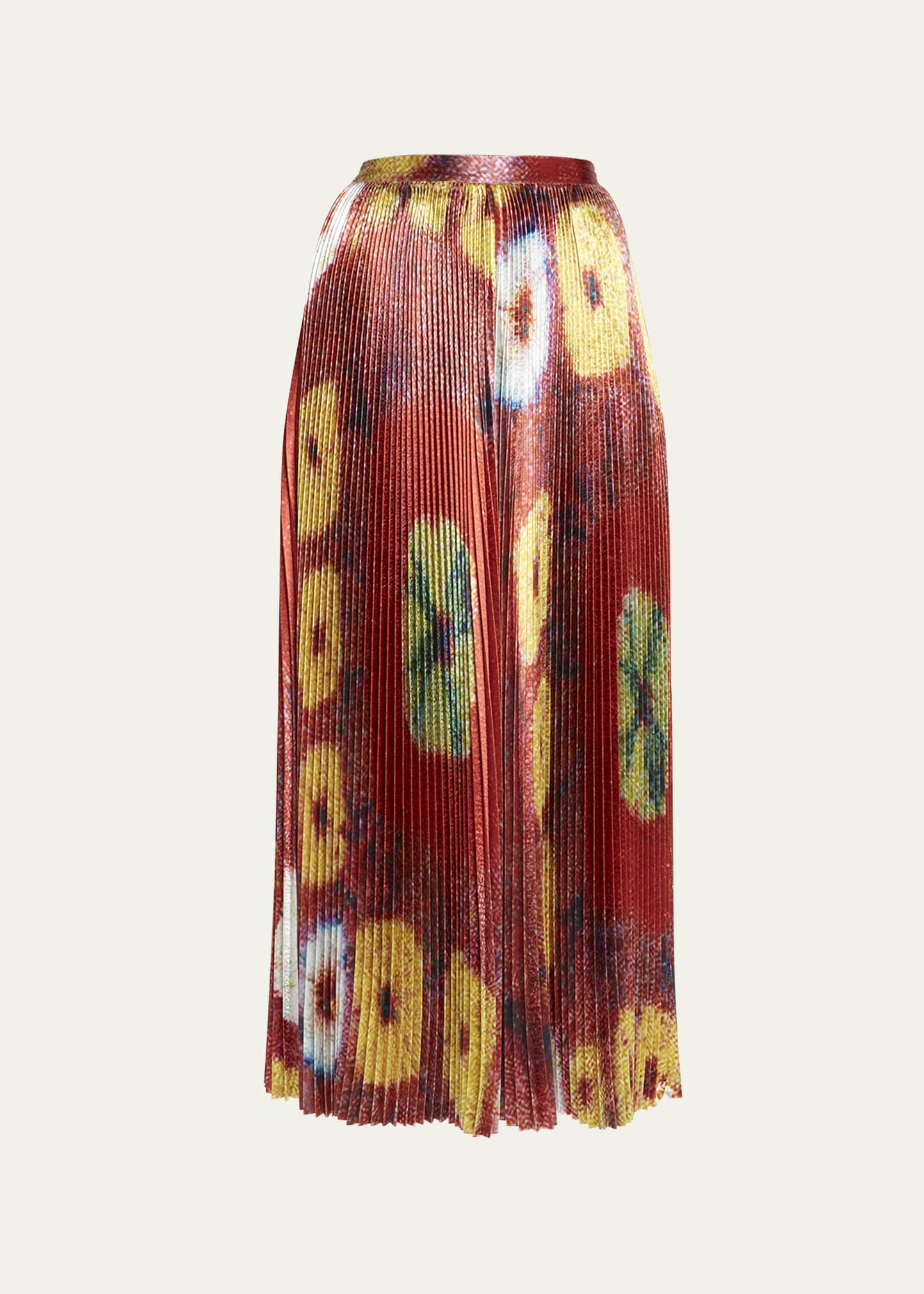 Rami Shiny Pleated Floral Satin Midi Skirt